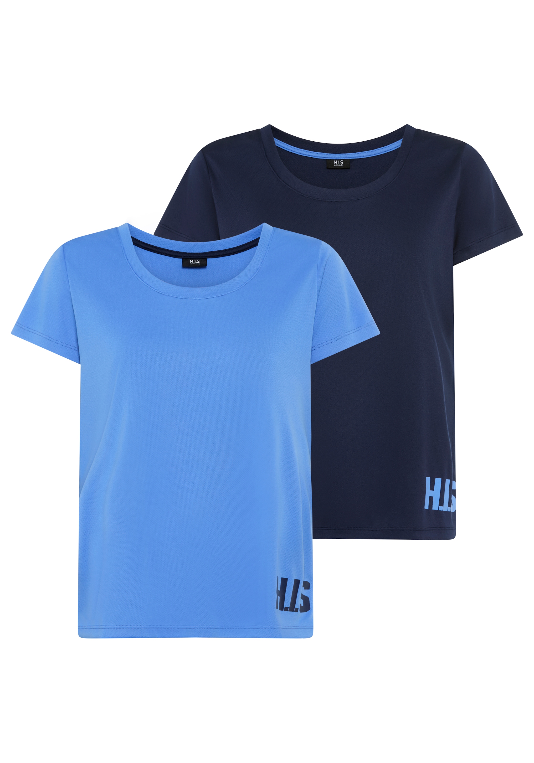 Funktionsshirt H.I.S, Damen, Gr. 44/46, blau (navy, azurblau), Obermaterial: 100% Polyester, unifarben, figurbetont hüftlang, Rundhals, durchgesteppt, Shirts Funktionsshirt, figurbetonter Schnitt, sportlicher Look, mit trendigem Logodruck
