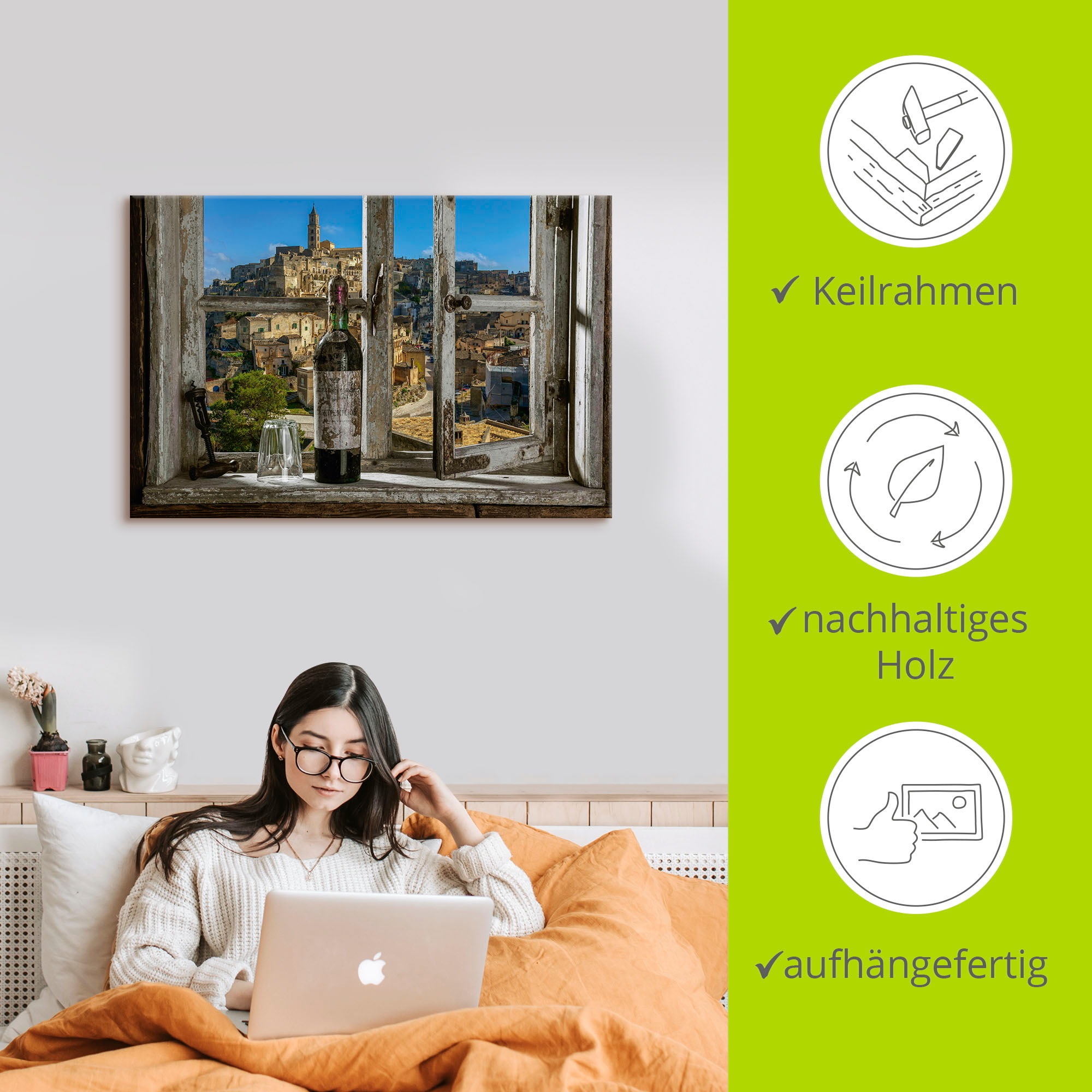 Artland Wandbild »Blick aus dem Fenster Matera, Italien«, Fenster & Türen, (1 St.), als Alubild, Outdoorbild, Leinwandbild, Poster, Wandaufkleber