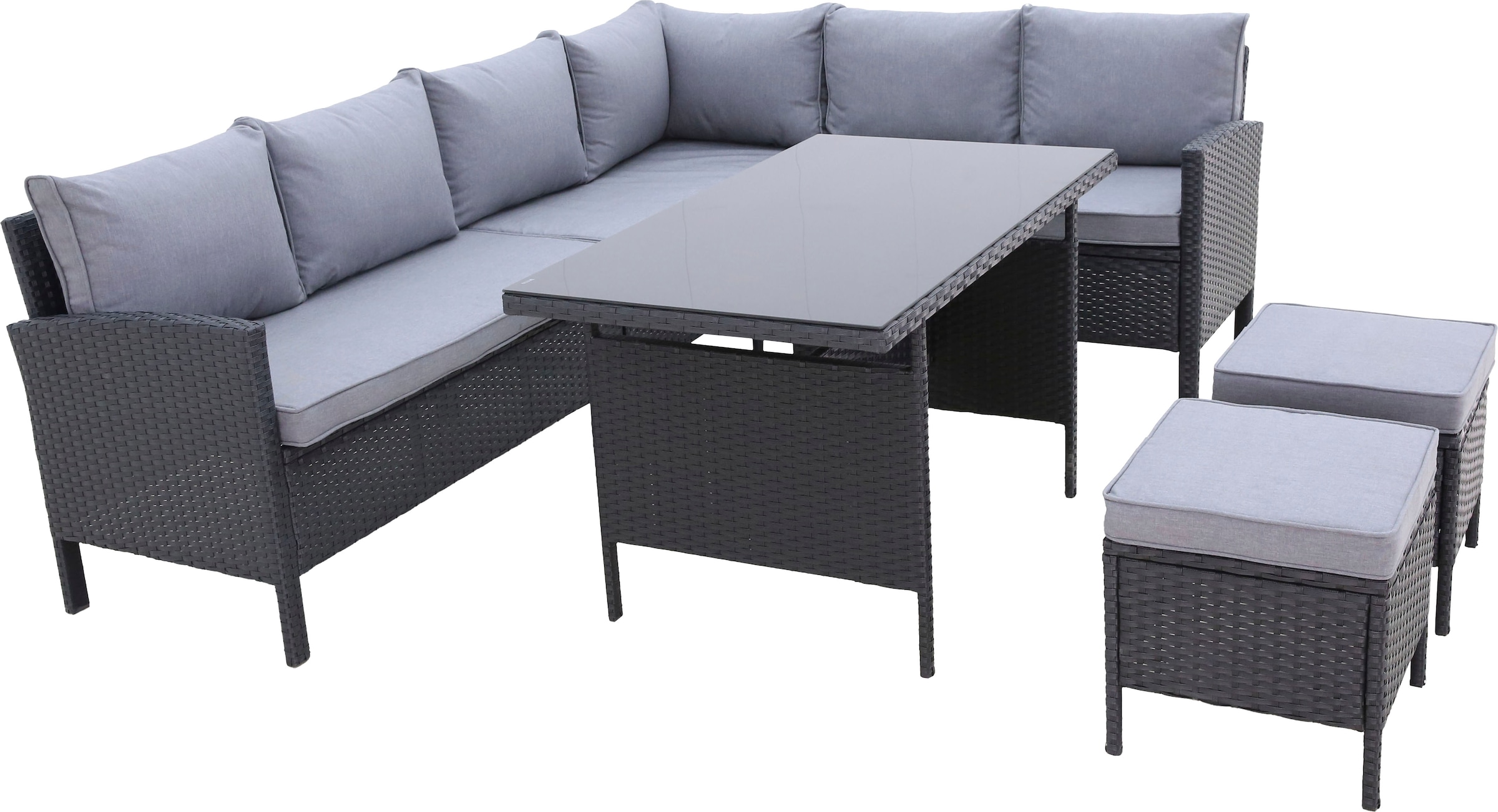 KONIFERA Gartenlounge-Set »»Manhattan««, (Set, 18 tlg., Ecklounge, Tisch 66x120x74 cm, 2 Hocker, inkl. Auflagen), Stahl/Polyrattan