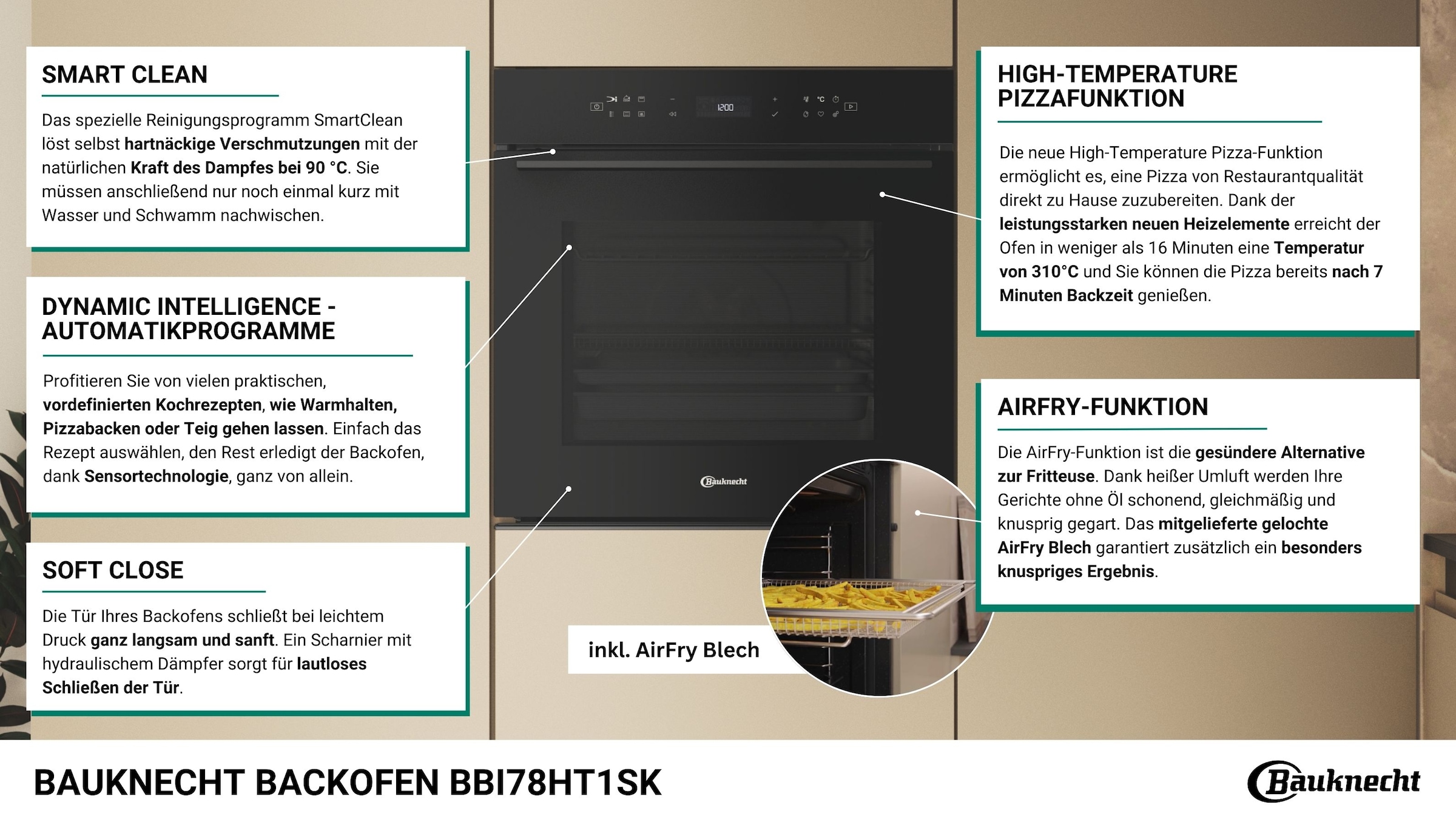 BAUKNECHT Einbaubackofen  »BBI78HT1SK«, mit 1-fach-Teleskopauszug, Hydrolyse, AirFry-Funktion, Pizzafunktion, 1-fach-Teleskopauszug, Hydrolyse