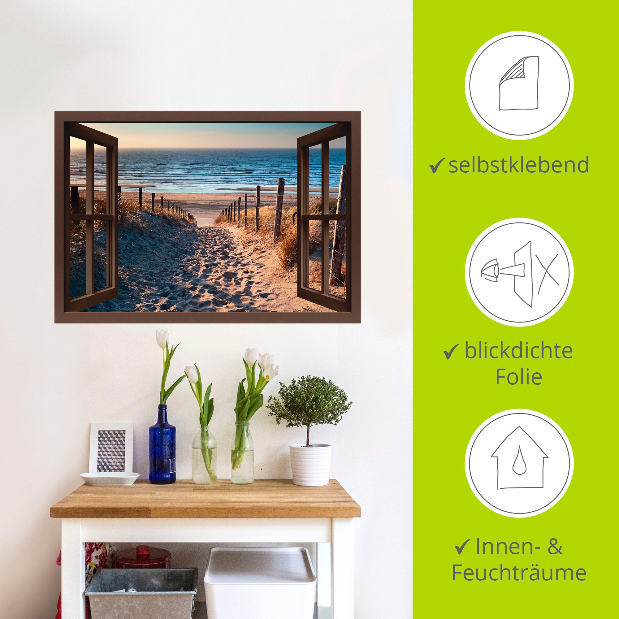 Artland Wandbild »Fensterblick Weg zum Nordseestrand«, Strand, (1 St.), als Leinwandbild, Poster, Wandaufkleber in verschied. Größen