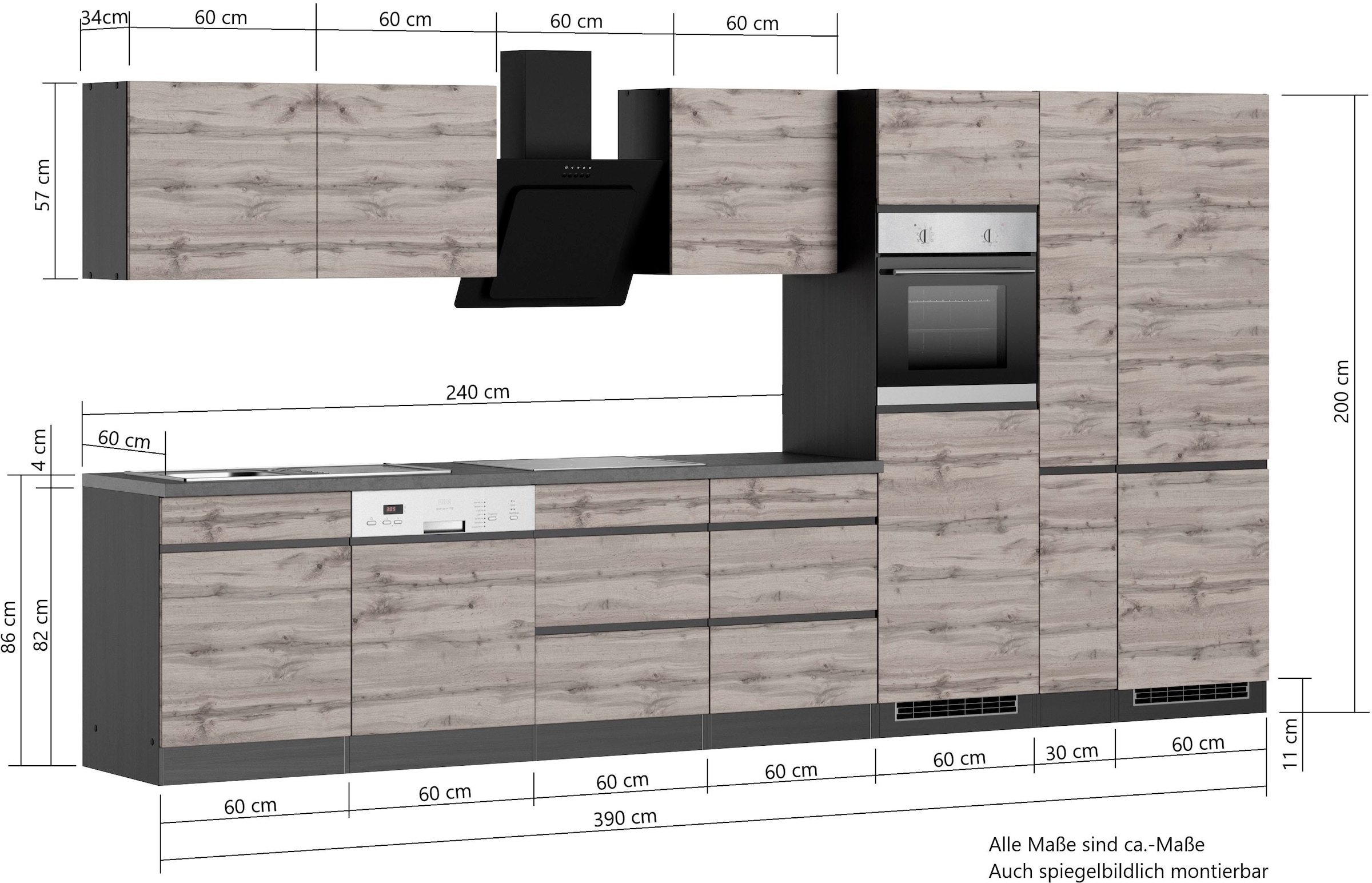 KOCHSTATION Küchenzeile »KS-Riesa«, Stellbreite 390 cm, wahlweise mit Induktionskochfeld