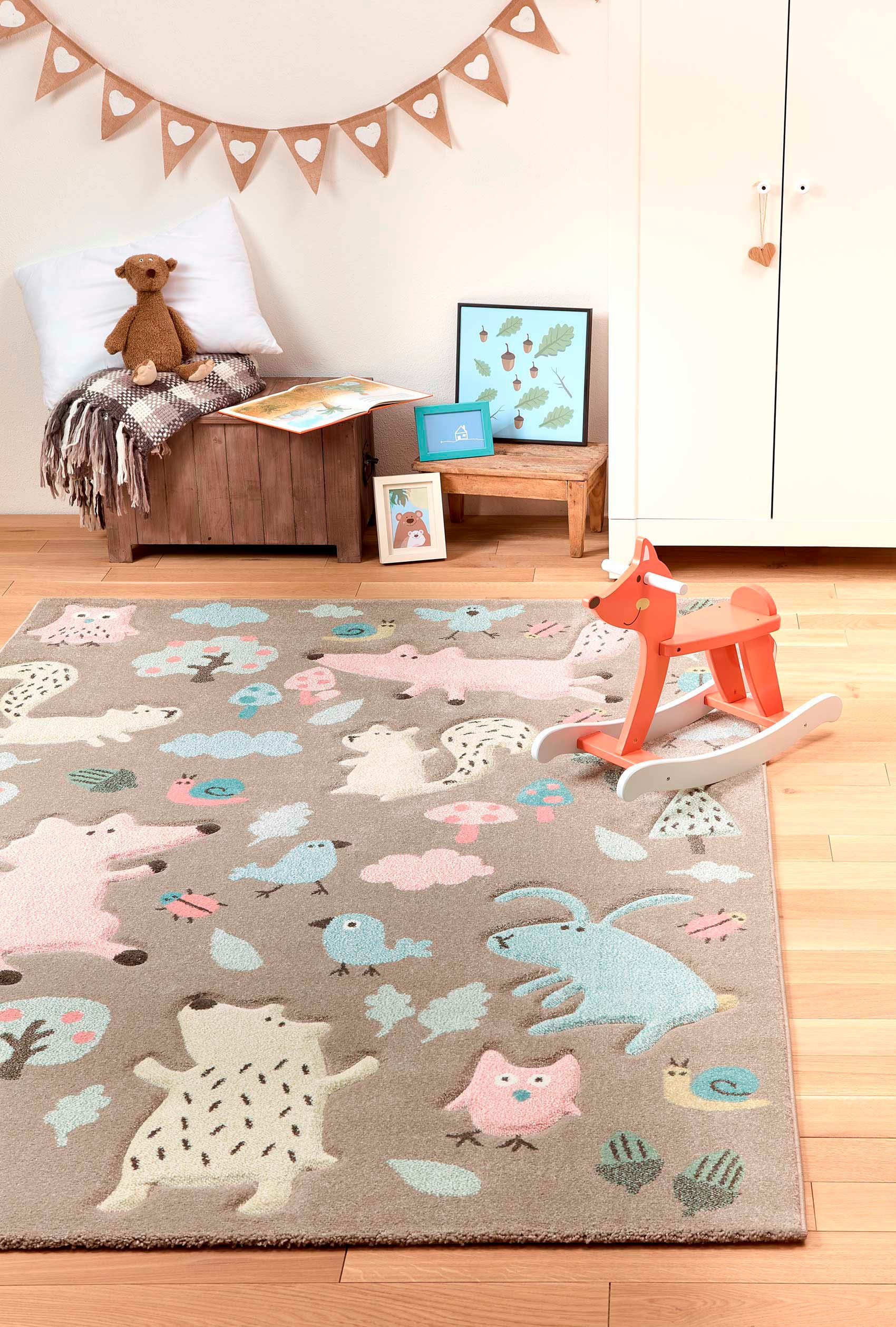 Kinderteppich SIGIKID, B:133cm H:13mm L:200cm, rosa, Kunstfaser, Teppiche, "Forest", Wald Tiere Design, Kurzflor