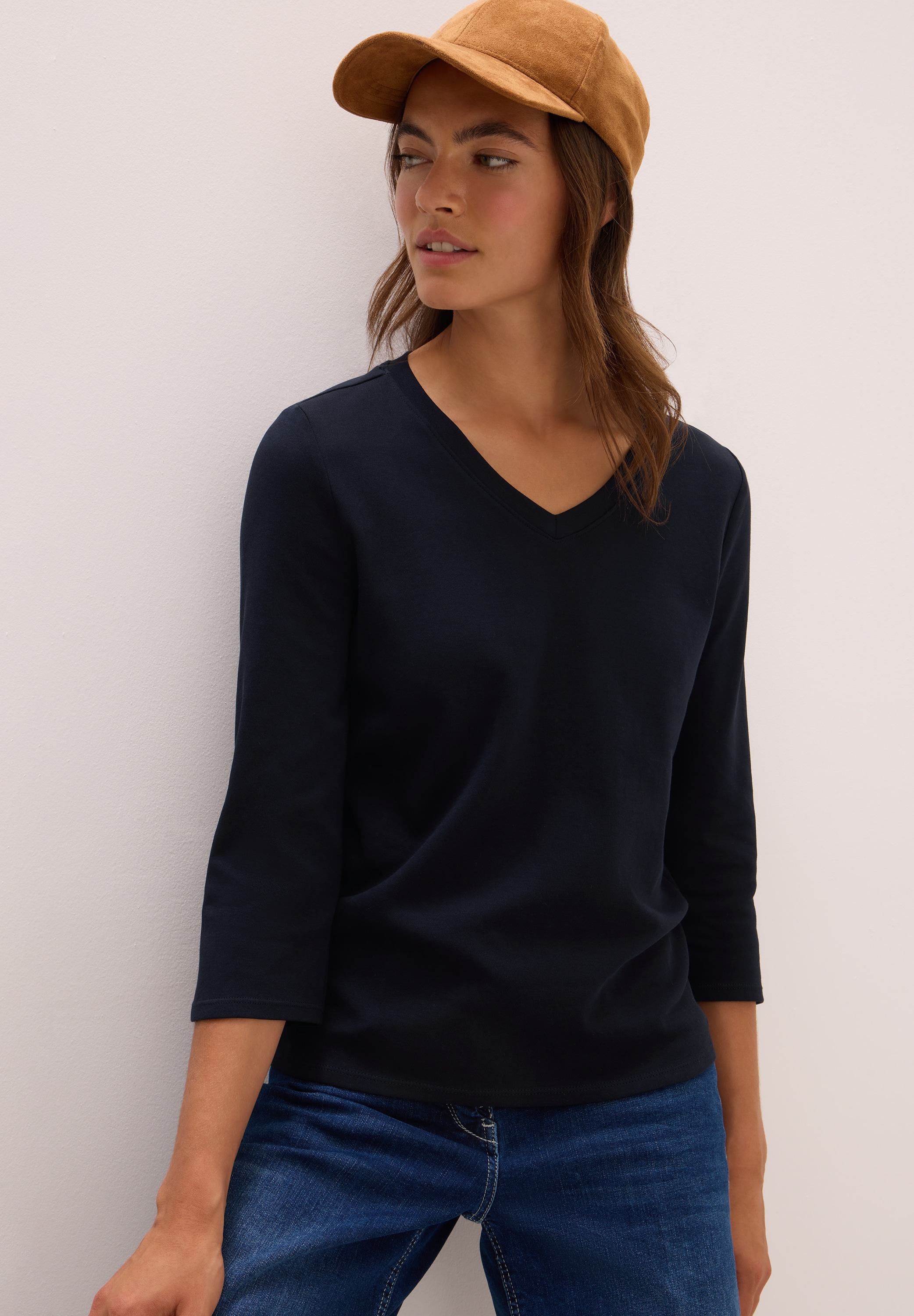 Cecil 3/4-Arm-Shirt mit V-Ausschnitt, unifarben günstig online kaufen