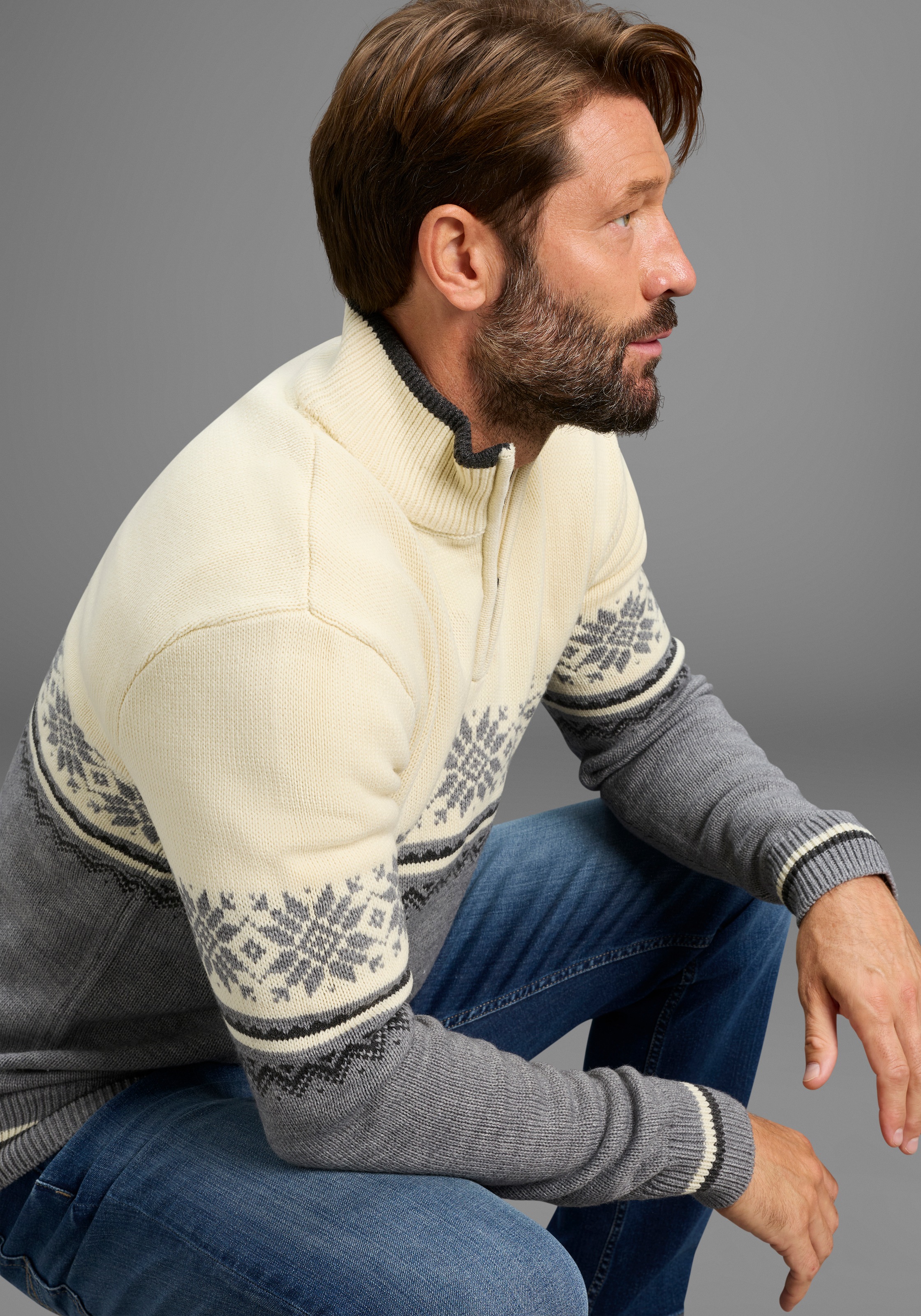 Thumbnail - Mans World Troyer "Neue Kollektion Highlight Norweger Muster" aus Strickmaterial, Regular Fit, mit Langarm, lässiger Cas...