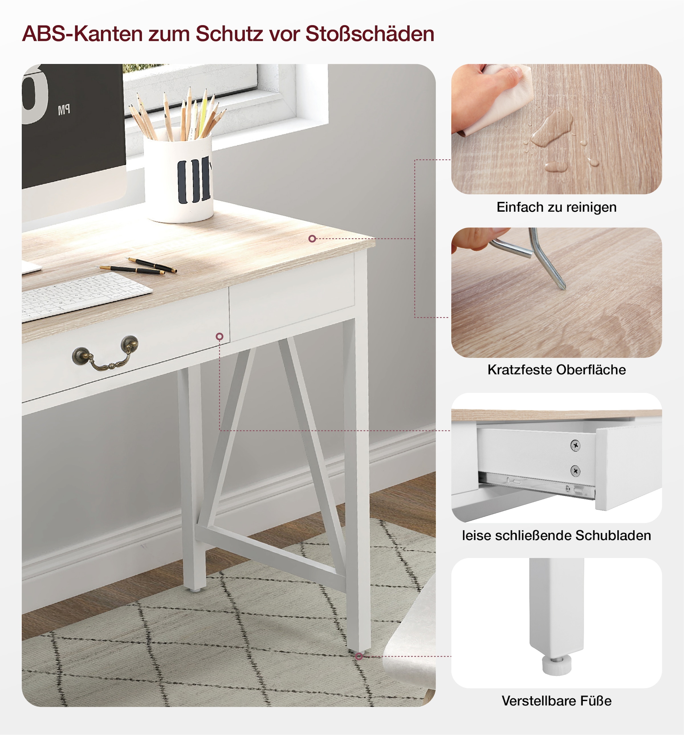 Home affaire Schreibtisch »Bellerie«, Landhausoptik, Soft-Close, kratzfeste Oberfläche, Breite 120 cm