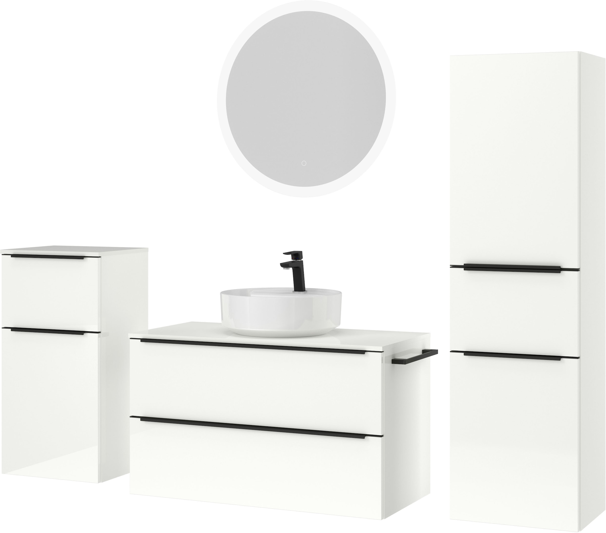 nobilia® Badmöbel-Set »Alvene«, (4 St., vormontiert, mit Soft-Close), Hochglanz, inkl. Spiegel mit Touch-Sensor, in vier Breiten