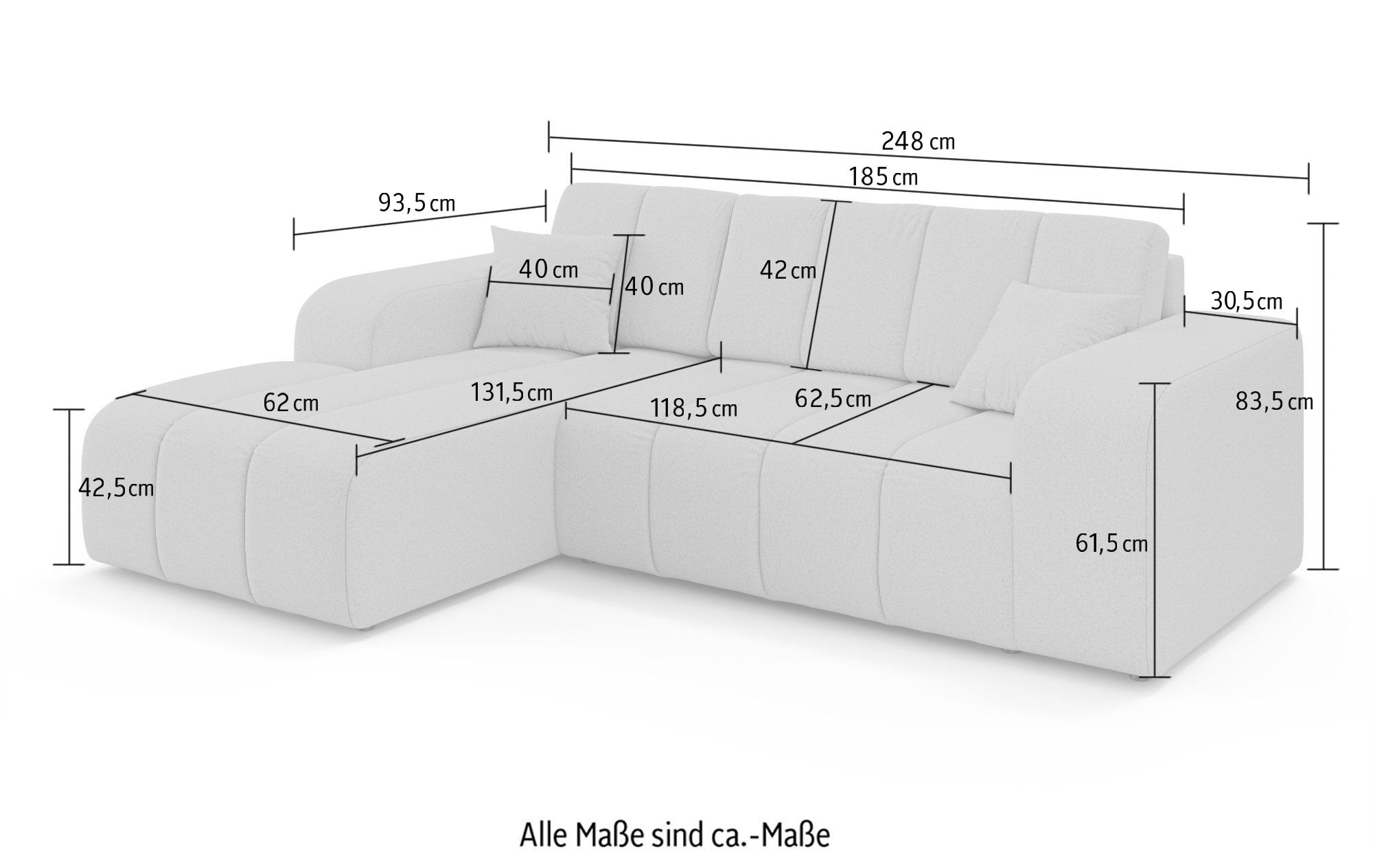 INOSIGN Ecksofa »CASSY L-Form, Schlafsofa mit Bettkasten, Maße B/T/H: 245/165/88 cm«, mit 2 Rückenkissen, Recamiere rechts oder links bestellbar