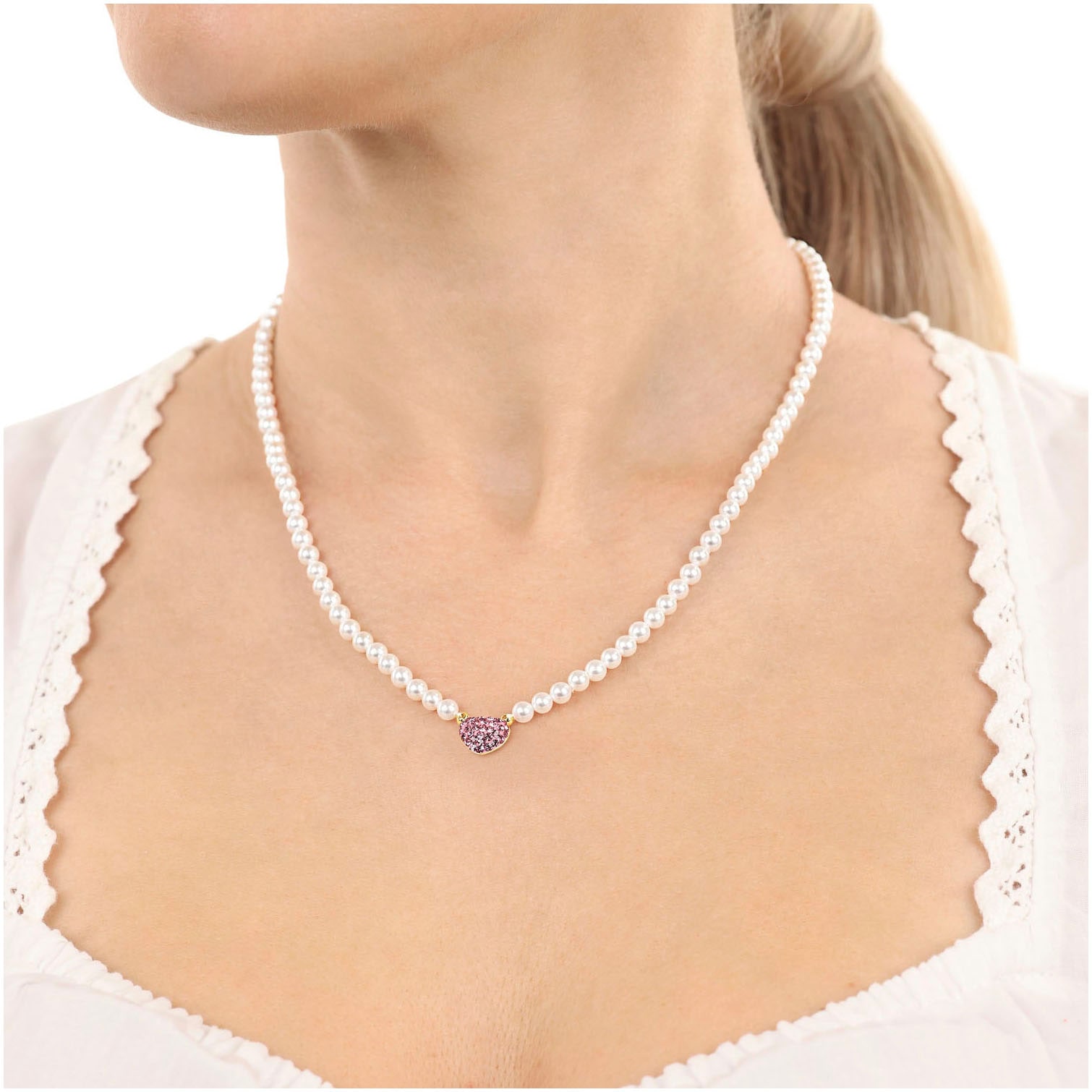 Amor Kette mit Anhänger »Herz, Trachtenschmuck, Volksfest, 2039225, 2039227«, mit Kristallglas - mit Muschelkernperle