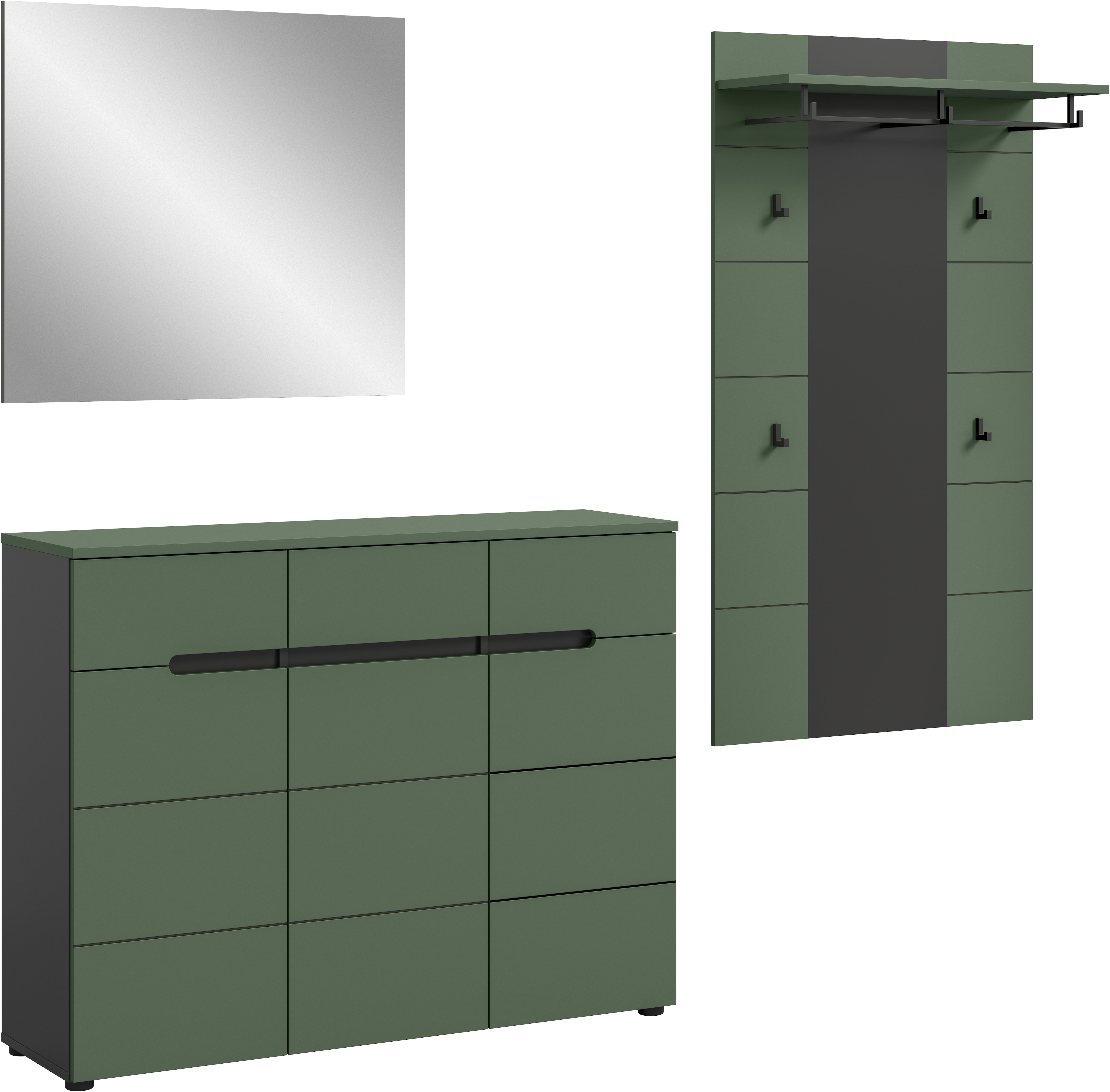 Home affaire Garderoben-Set "REHAT, TOPSELLER, 3-teilig, Breite 215 cm, individuell erweiterbar" Set, bestehend aus: Kommode, Spiegel und Garderobenpaneel, 3 Stk. tlg.