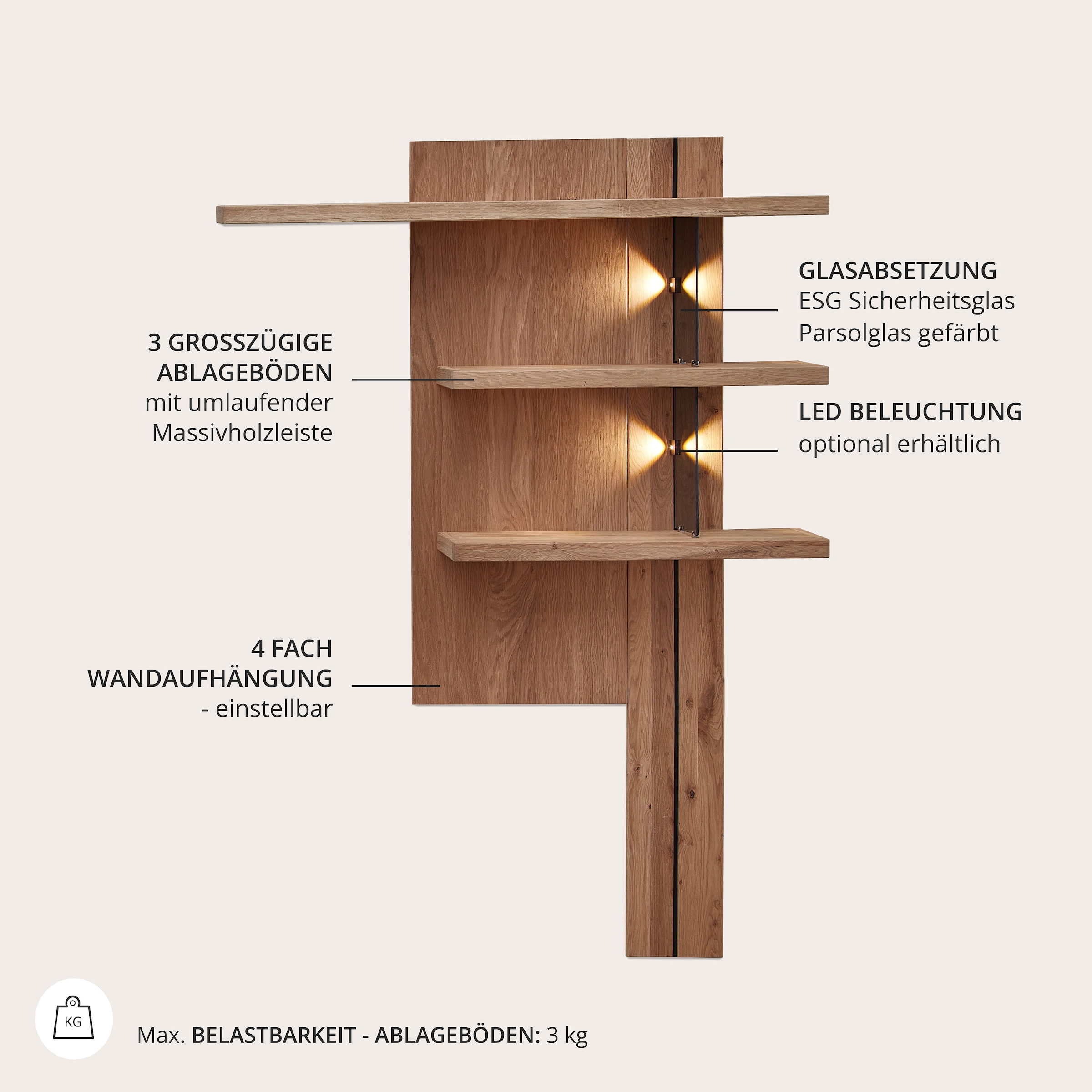 Wohnconcept Wandboard »Donna Wandpaneel, 122x174x24 ( BxHxT)« 1 Stk. tlg. Beleuchtung optional bestellbar, 3 Böden, Massivholzblende