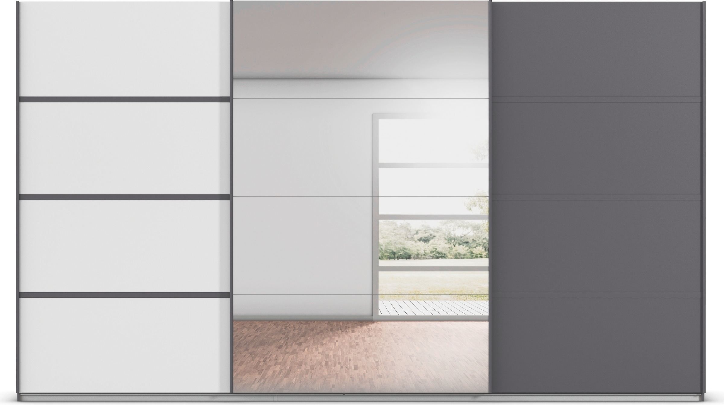 rauch Kleiderschrank »Schwebetürenschrank Garderobe Schrank TOP ANGEBOT Avola«, (in 3 verschiedenen Ausstattungen BASIC/CLASSIC/PREMIUM inkl. Spiegel), mit eleganten Zierleisten in Chrom, Schwarz oder Weiß MADE IN GERMANY