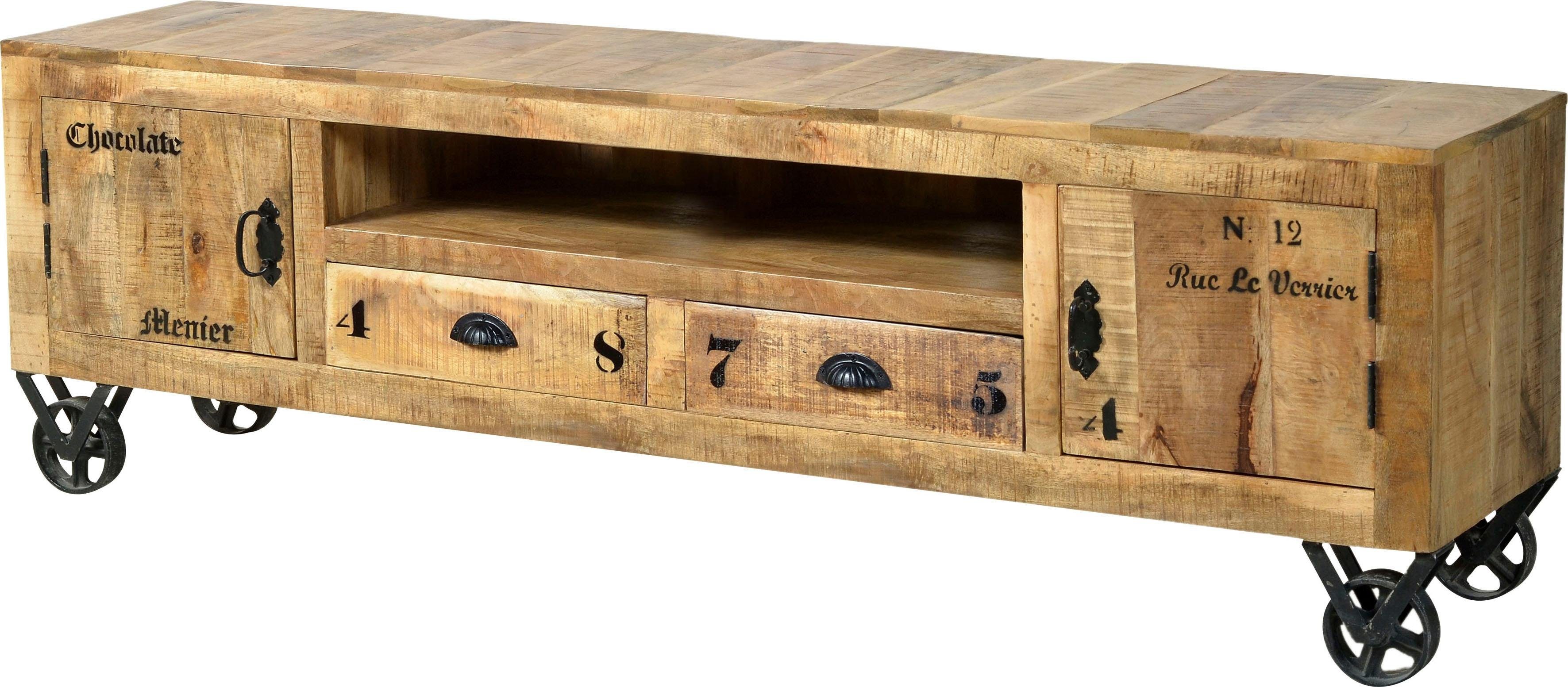 SIT Lowboard "Toledo aus Mangoholz mit Metallrollen im Vintage Used Look" Rustikales TV-Board mit 2 Türen, 2 Schubladen und Kabeldurchführung