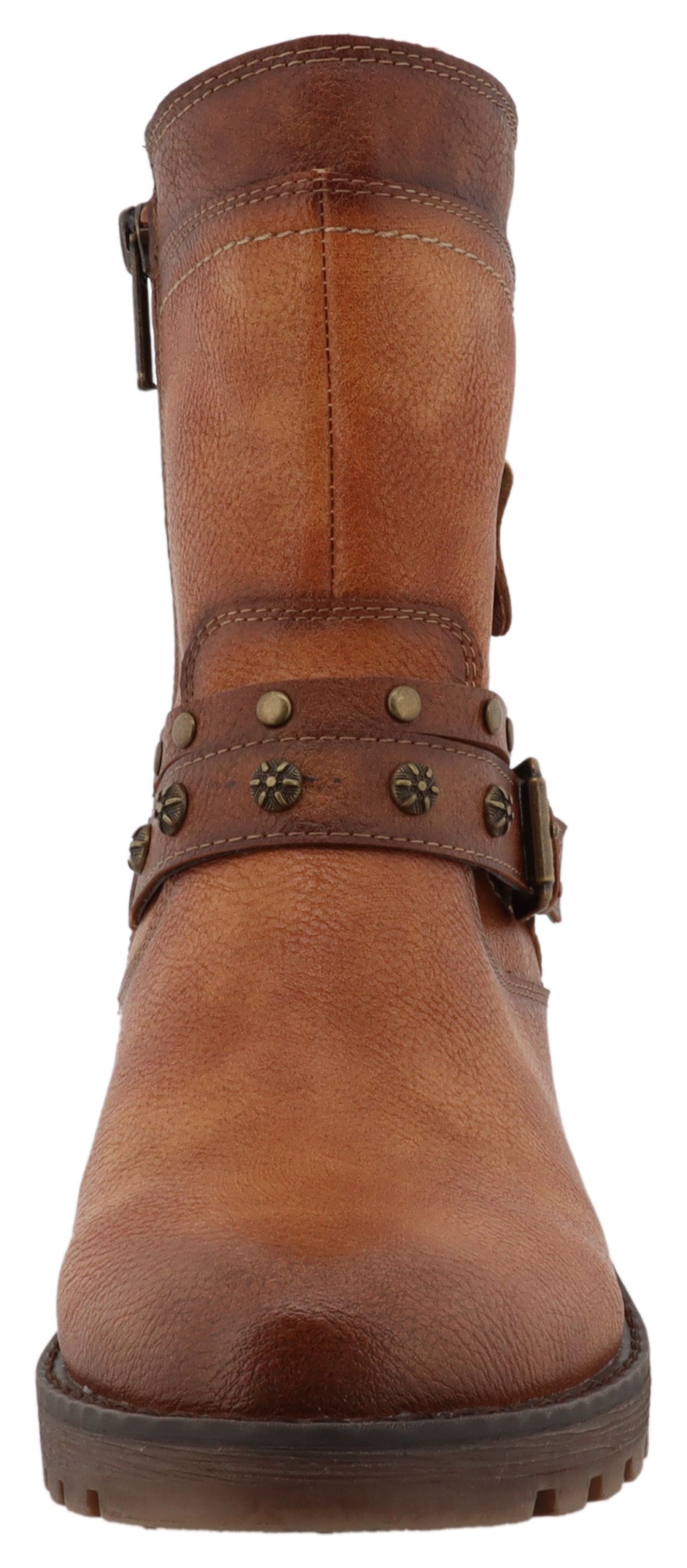 Winterboots MUSTANG SHOES "Haukea", Damen, Gr. 39, braun (cognac), Lederimitat, used, Schuhe Winterboots, Biker Boots mit Blockabsatz und TEX-Membrane 3