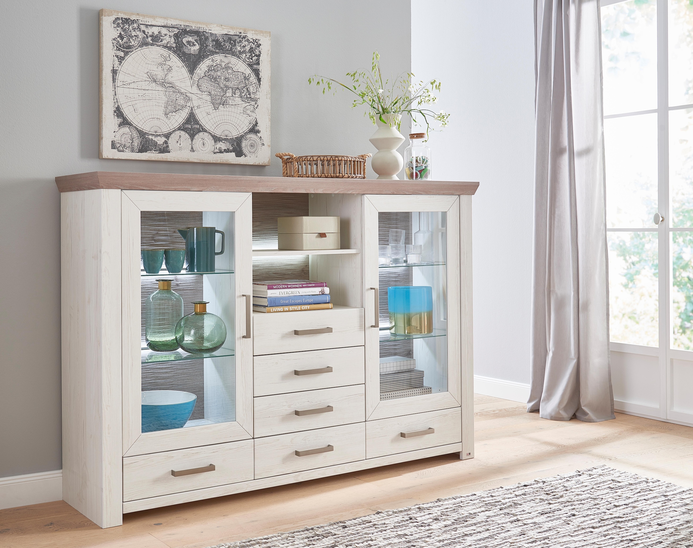 set one by Musterring Highboard »York«, Typ 56, mit Glastüren, Beleuchtung optional, B 184 cm