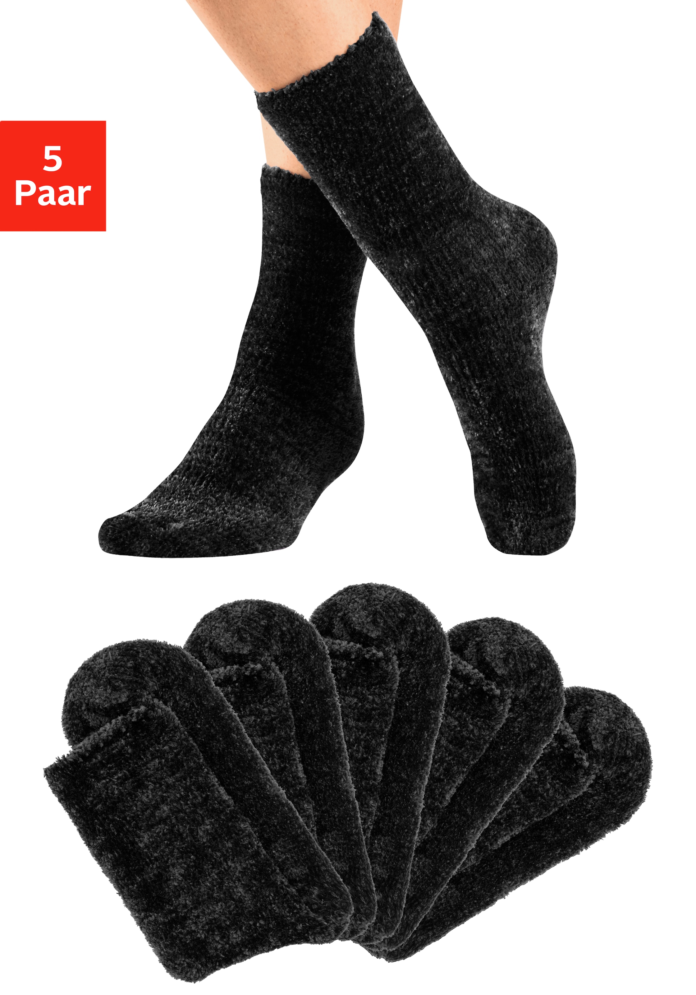 Lavana Kuschelsocken "Flauschige, Kuschel Schlafsocken, Haussocken" Packung, 5 Stk. tlg. Bettsocken aus weichem, leicht glänzendem Chenillegarn