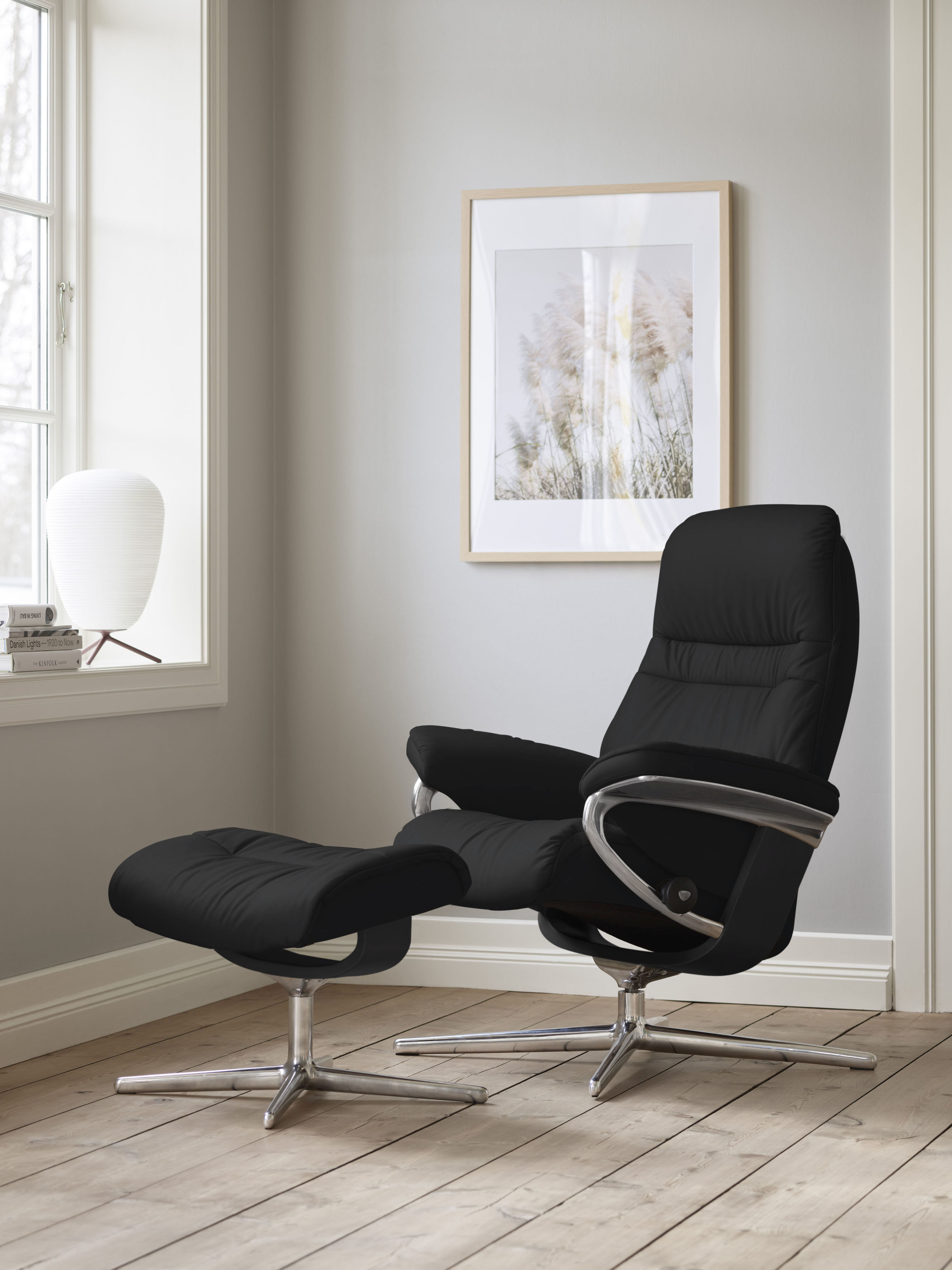 Stressless Relaxsessel "Sunrise" Set, Relaxsessel mit Hocker, mit Hocker, mit Cross Base, Größe S, M & L, Holzakzent Schwarz