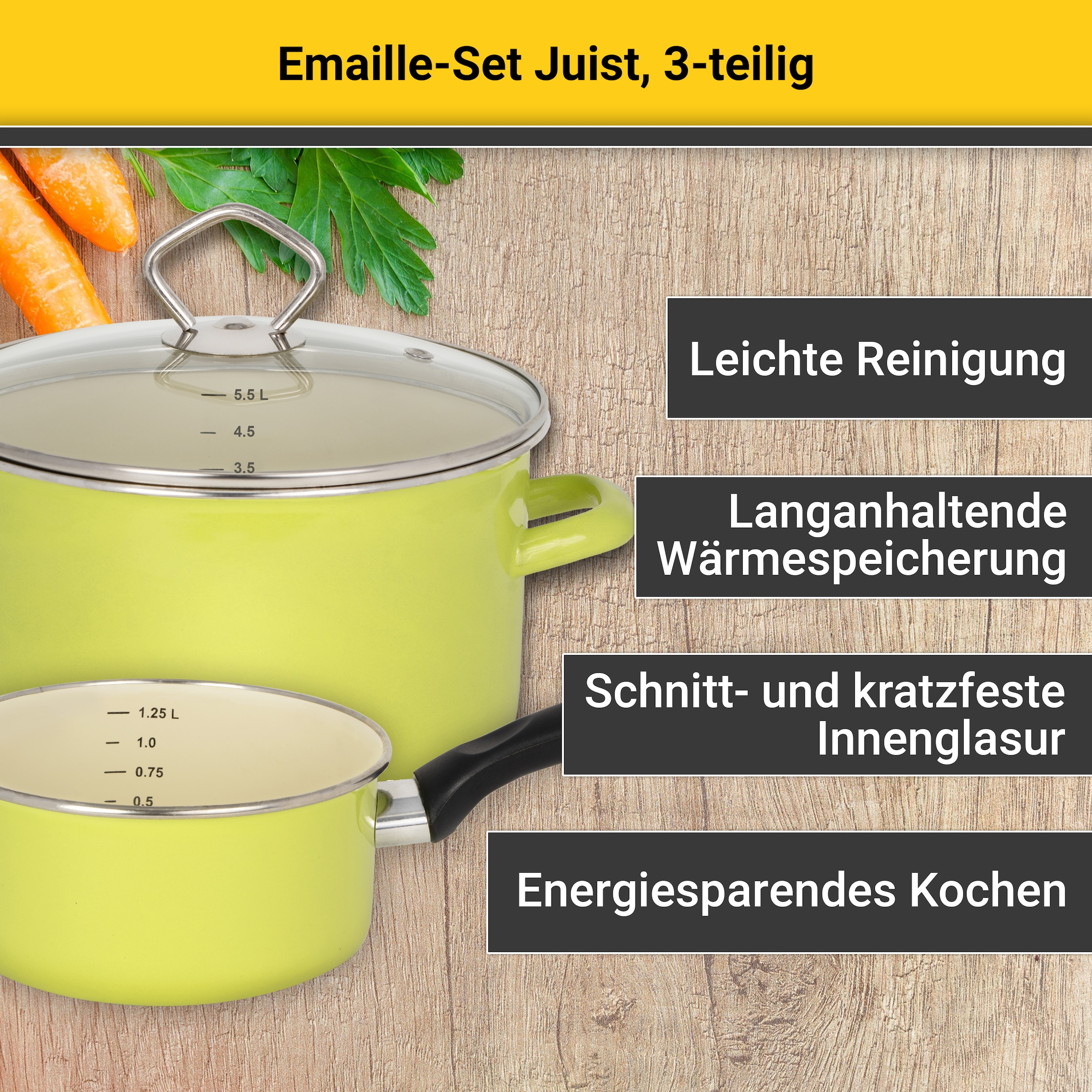Krüger Topf-Set »Emaille Topfset Juist« Emaille Set, Fleischtopf Ø 16 + Ø 20 cm mit Deckel, Stieltopf Ø 16 cm, 5 Stk. tlg. mit Literskala, schnitt- & kratzfest, spülmaschinengeeignet
