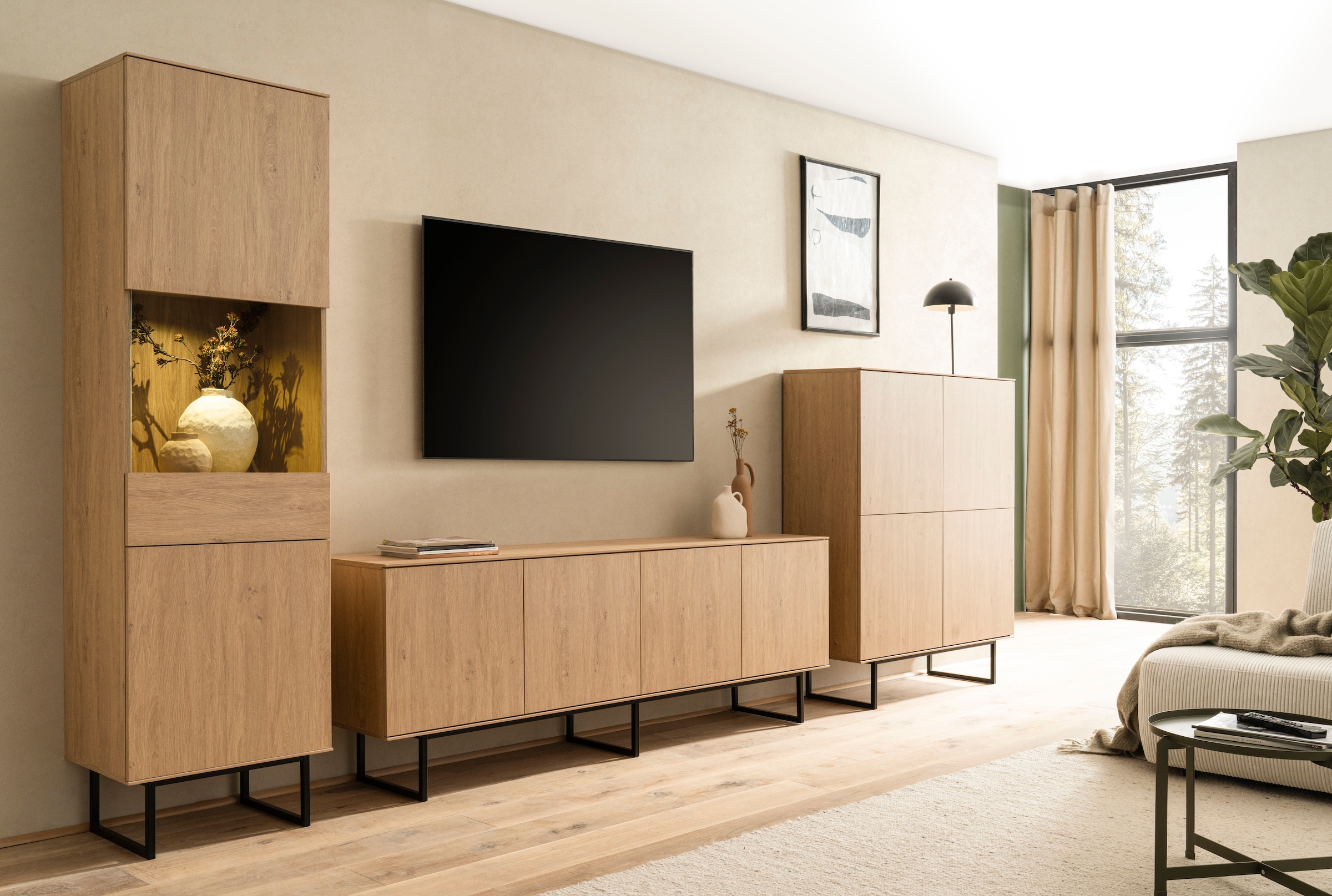 Home affaire Wohnwand »Lund, moderne Anbauwand, Wohnzimmer-Set in Stone Oak«, (3 St.), enthält Vitrine, Lowboard und Higboard