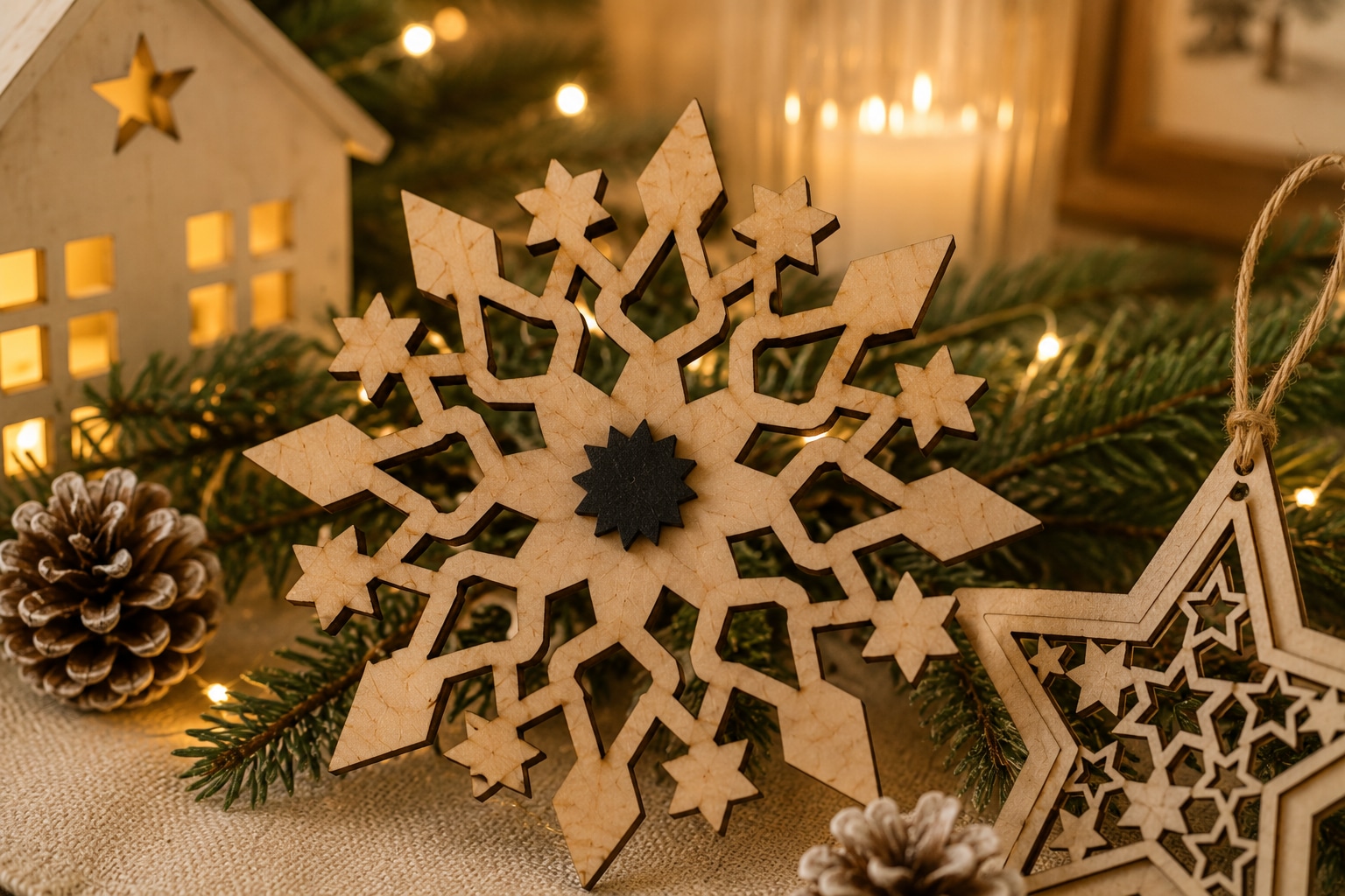 OTTO home Dekoobjekt »Schneeflocken Holzdekoration, 3-teiliges Set Farbe Natur« Gratis-Hänger, Höhe 8 cm, weihnachtliches Schmücken