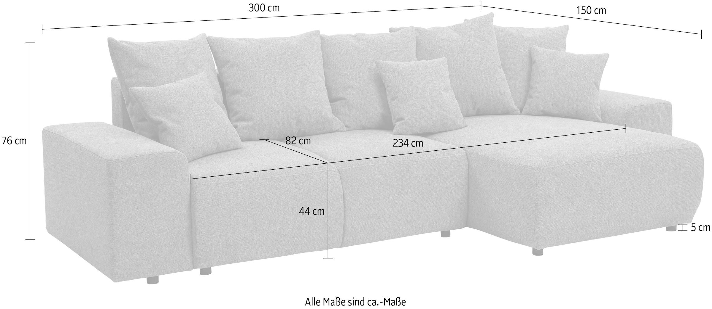 WERK2 Ecksofa »Riwa, modernes Sofa zum Kuscheln und Entspannen, Breite 300cm, L-Form«, Trendiges Ecksofa mit vielen Kissen, Schlaffunktion & Bettkasten