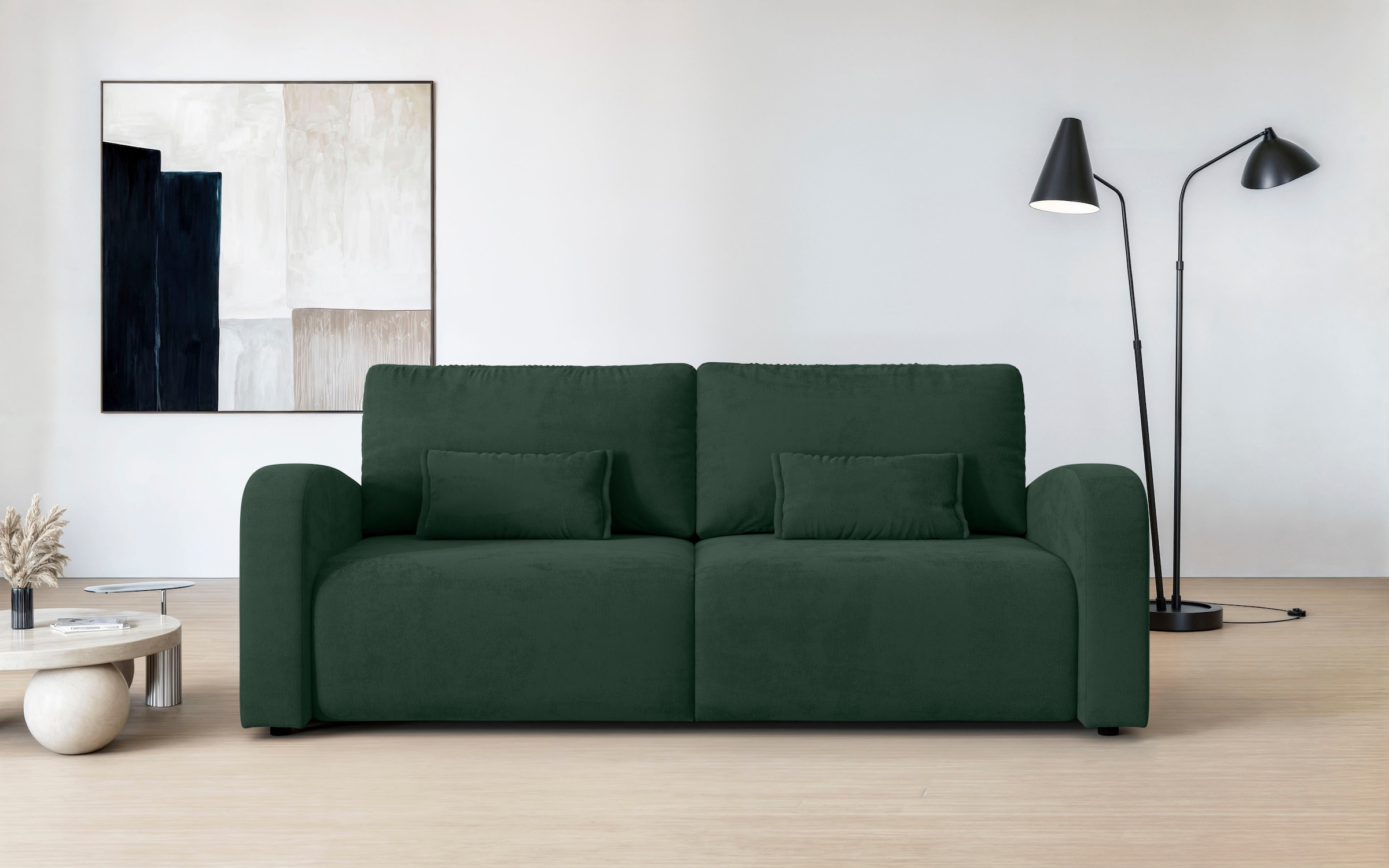 OTTO home 3-Sitzer "JIGGS wahlweise Schlafsofa mit Bettkasten, Maße B/H/T: 228/96/110 cm" Sofa mit Wellenunterfederung, enthält 2 Rückenkissen und 2 Zierkissen