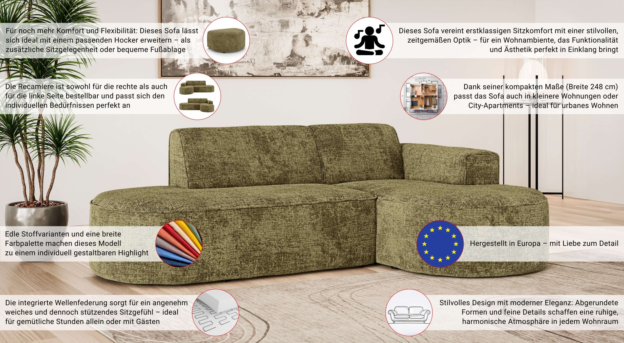 Thumbnail - OTTO home Ecksofa "ADELLA Design-Sofa mit Recamiere rechts/links, 248/159/76 cm", L-Form mit Wellenunterfederung, runde ...