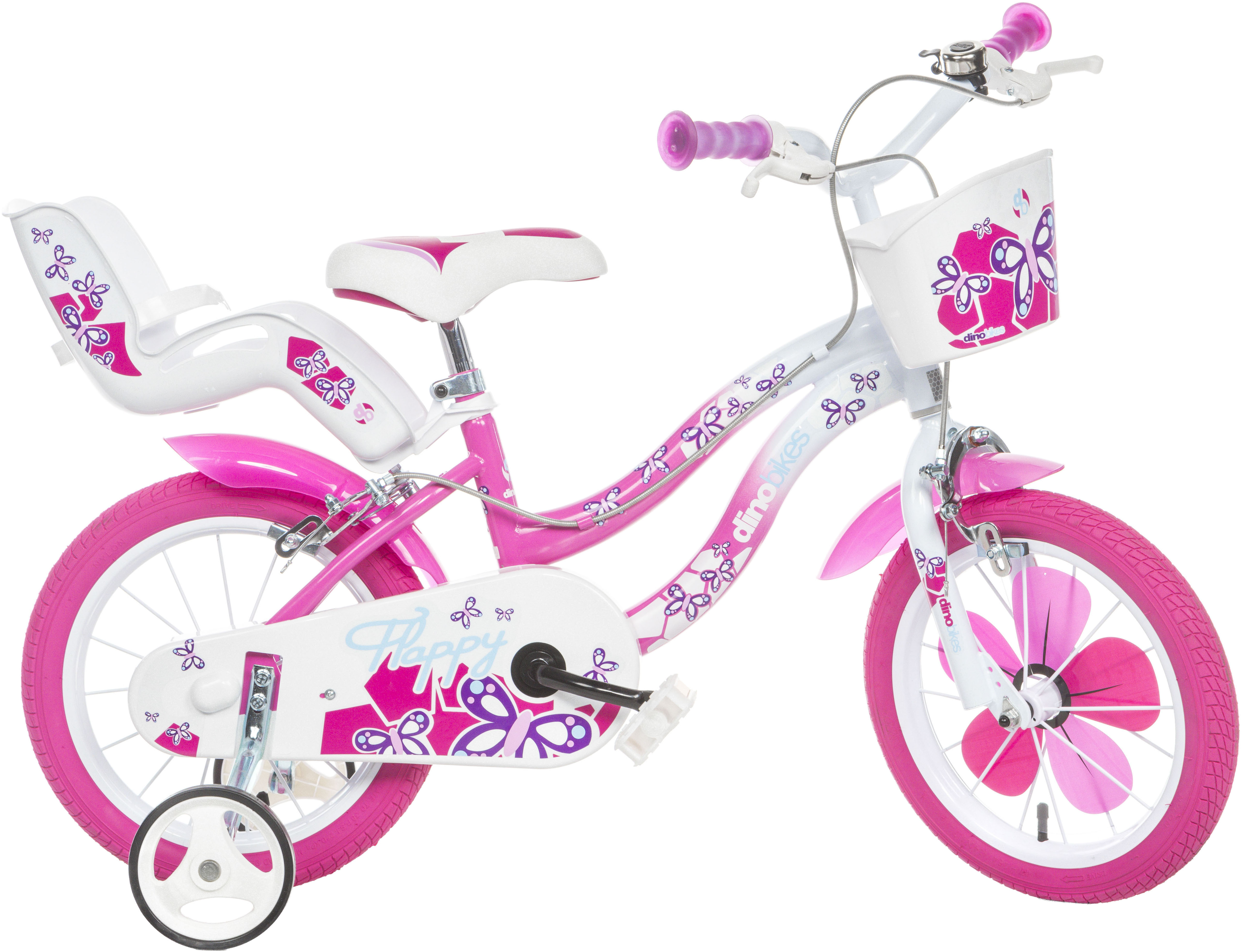 Dino Bikes Kinderfahrrad "14" Flappy Kinderfahrrad Mädchen Stützräder 3–5 Jahre Stützräder" 1 Gang mit Stützrädern, Korb und Puppensitz