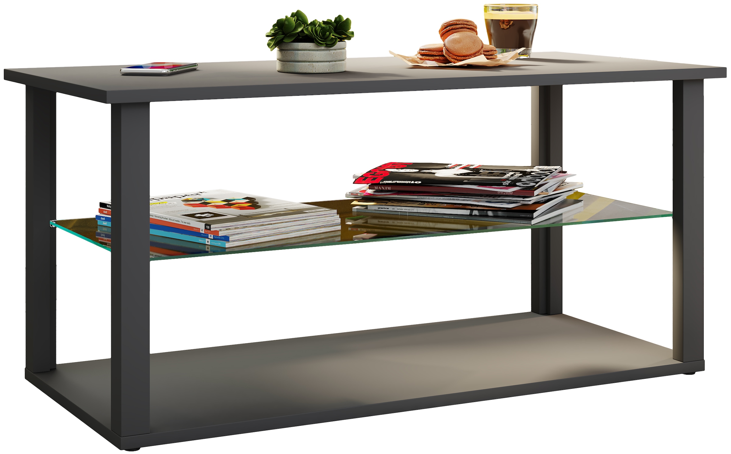 Couchtisch VCM "Holz Sofatisch Couchtisch Glas Tisch Wanilo L", schwarz (anthrazit), B:95cm T:45cm, Tische, Couchtisch
