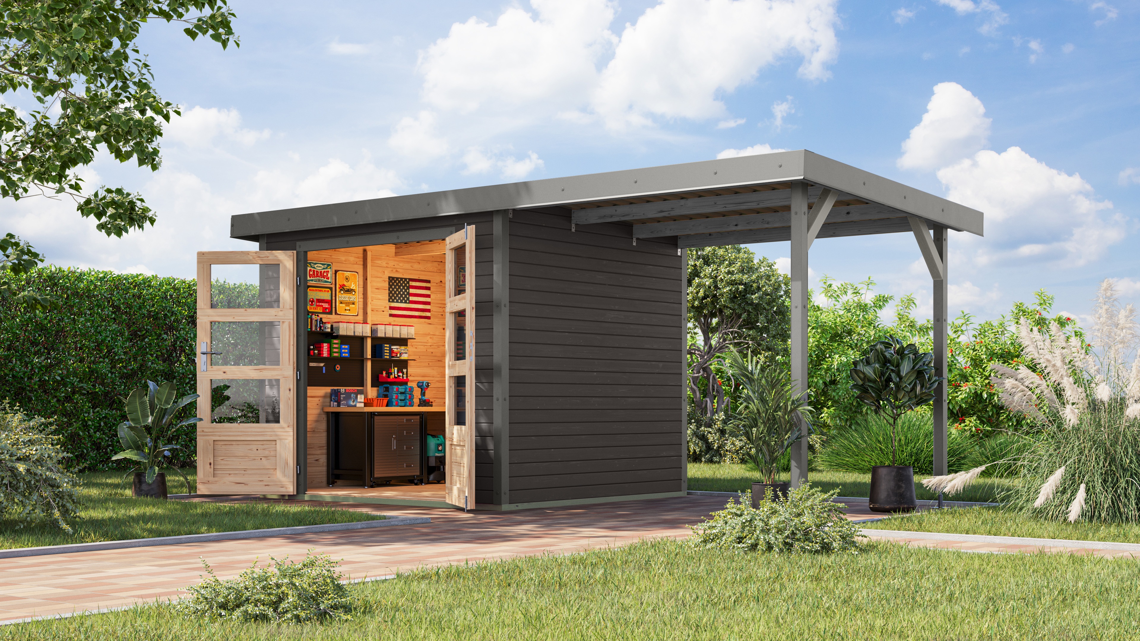 Gartenhaus KARIBUterragrau, graualuminium, Holz, Stahl, Gartenhäuser, ""Jupiter 3 B" SET terragrau, mit Anbaudach 2,35 m breit", hochwertige