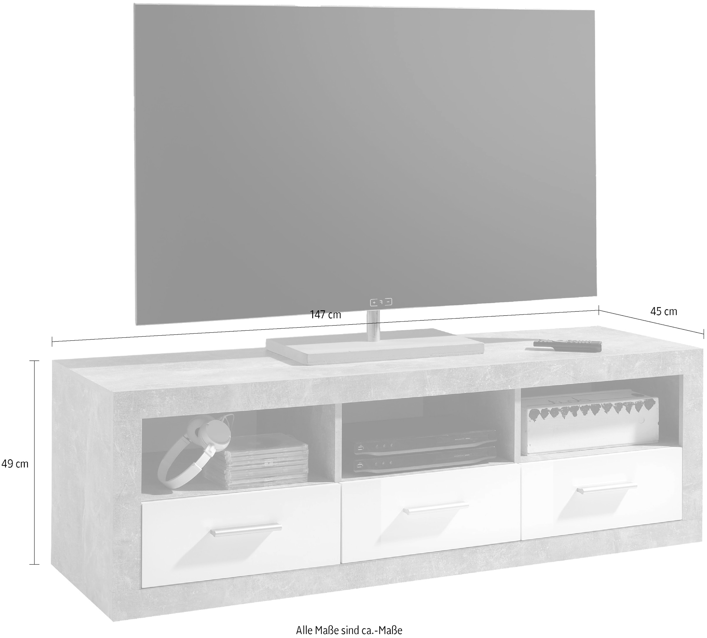 HBZ Lowboard »Stone«, (1 St.), weiß Hochglanz, TV Möbel bis 55 Zoll geeignet mit Beton Dekor