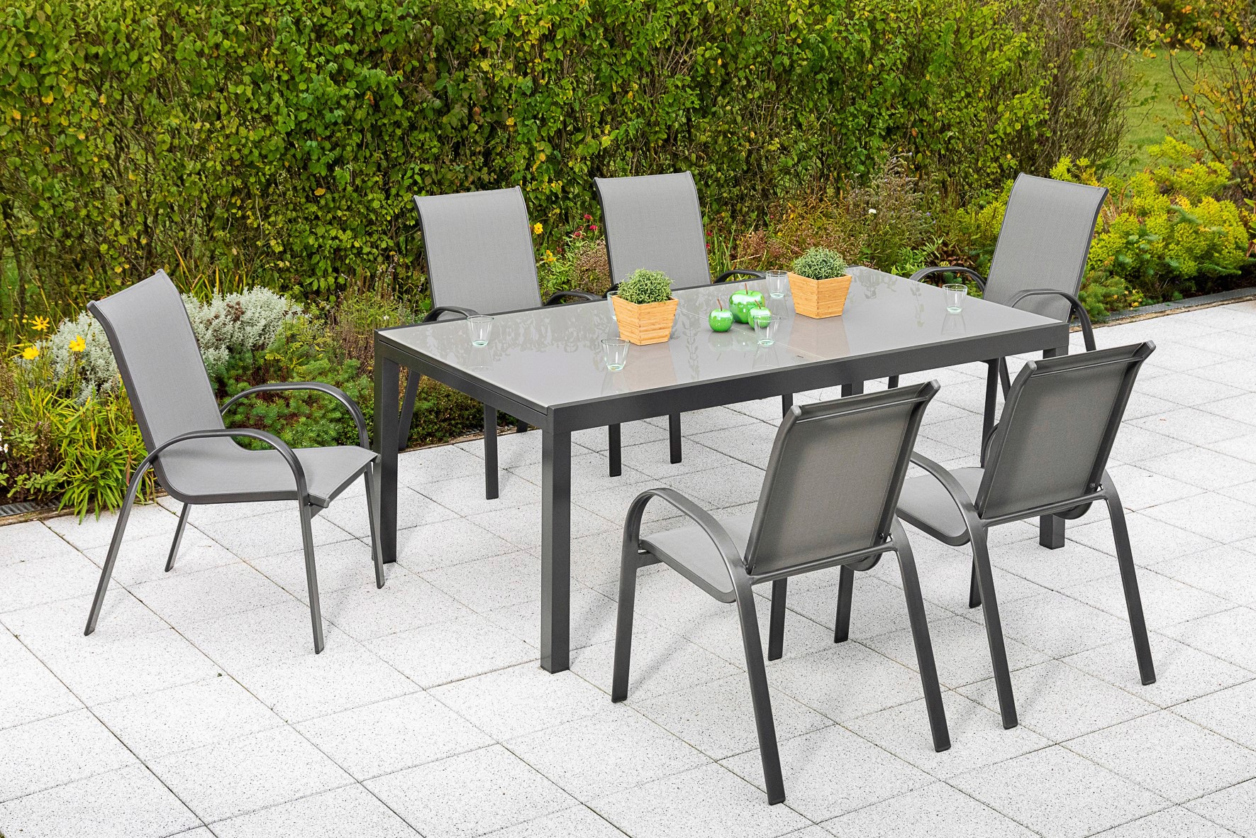 MERXX Garten-Essgruppe "Amalfi" Set, 7 Stk. tlg. 6 Stapelsessel, Ausziehtis günstig online kaufen