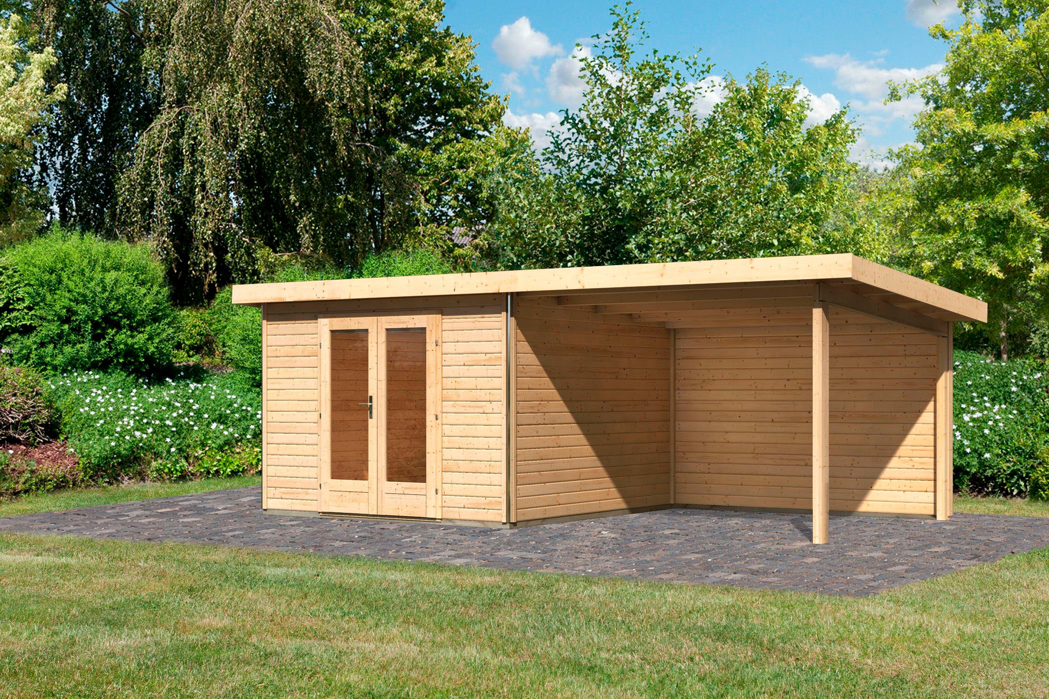 KONIFERA Gartenhaus "Rabensee 1", mit Anbaudach 3,30 m, Rückwand, naturbela günstig online kaufen