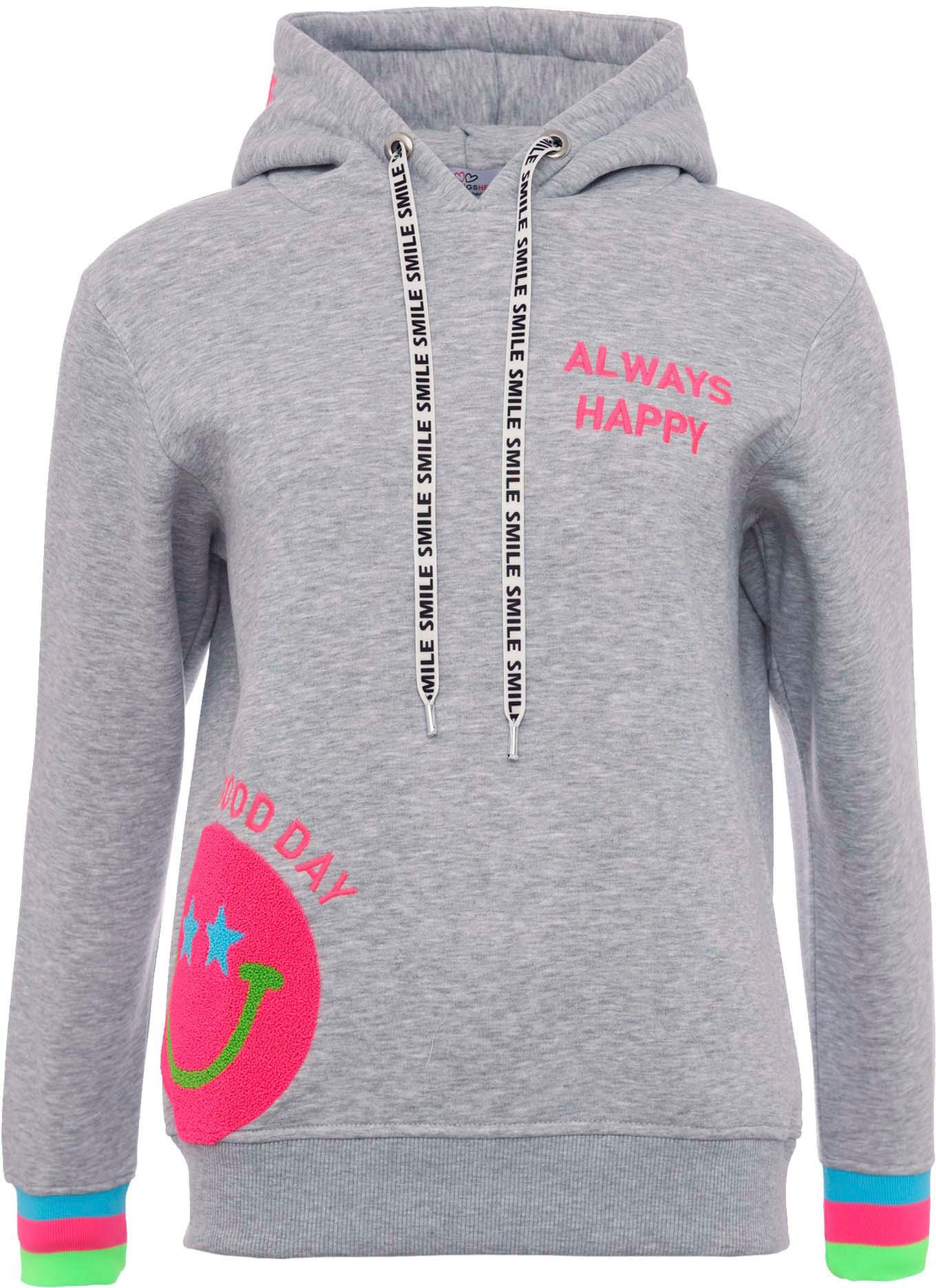 Zwillingsherz Hoodie "Always Happy", Smiley aus Frottee, Neon-Details, Kapu günstig online kaufen
