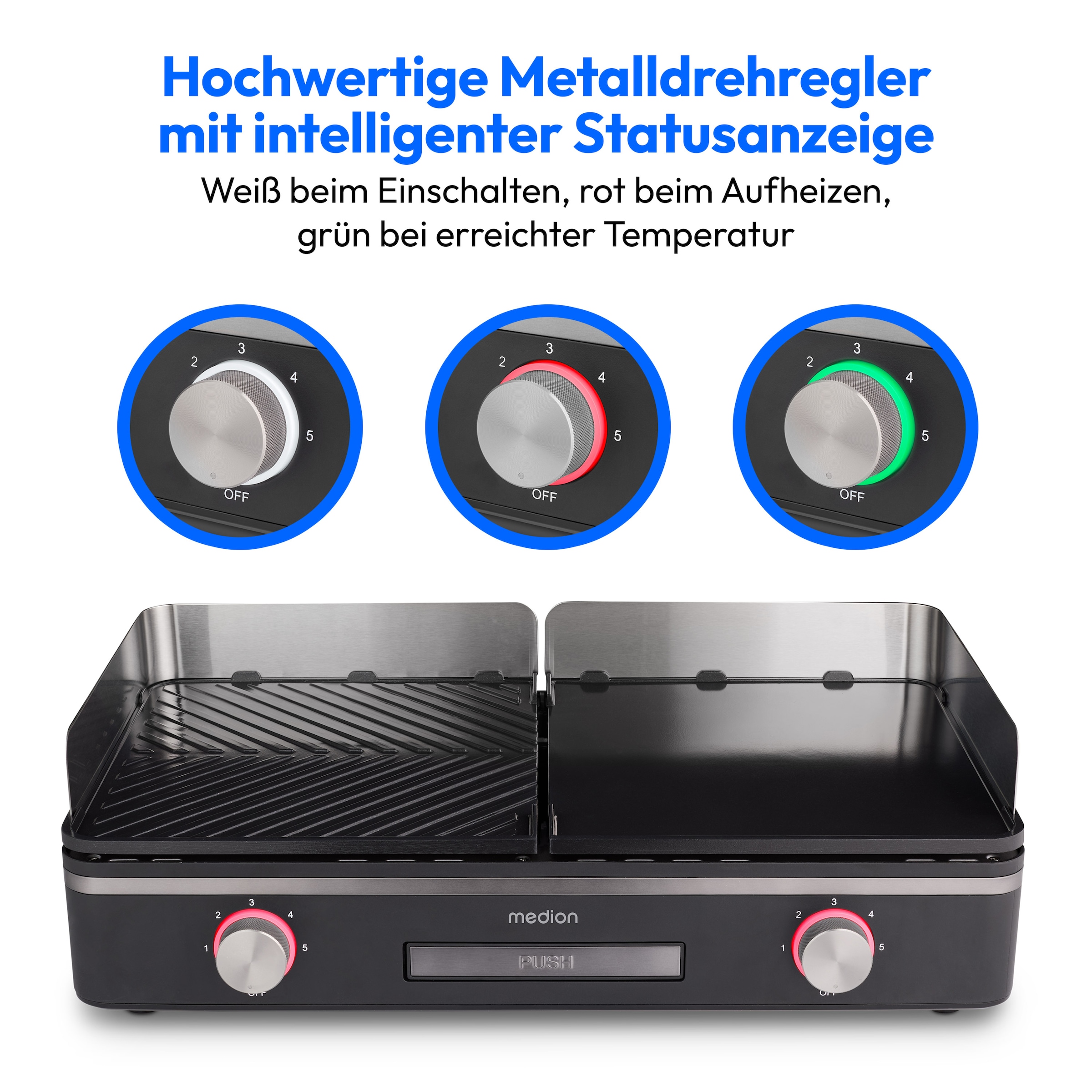Medion® Tischgrill »MD12027, mit Dual-Zonen-System, 2,400 Watt, 2 abnehmbare Platten«, 2400 W, bis max. 240 °C, PFAS Frei, LED-Statusanzeige, IPX4-Schutz
