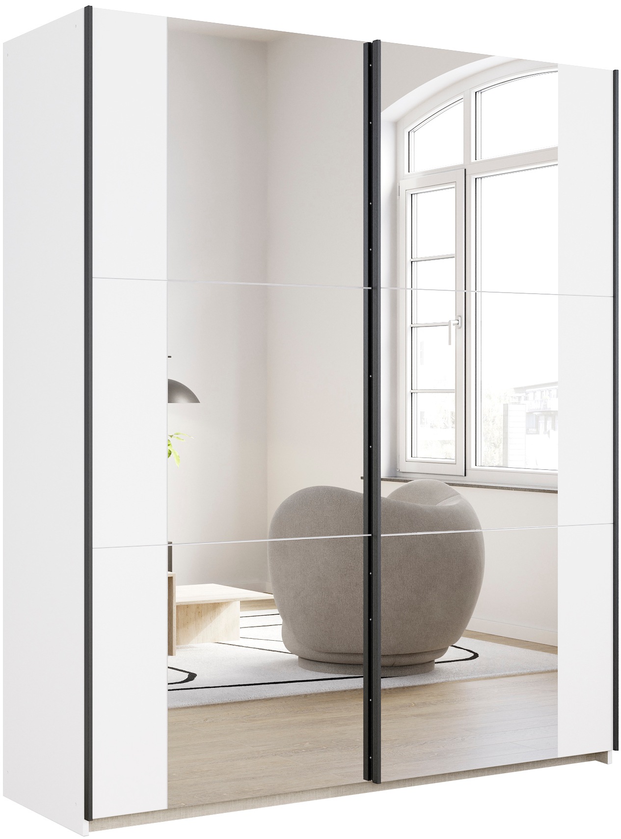 rauch Schwebetürenschrank "Kleiderschrank Drehtürenschrank Schrank Garderobe KRONACH" in 3 Ausstattungen BASIC/CLASSIC/PREMIUM, Breiten 131/175/218/261 cm, optional ohne, mit 1 oder 2 Spiegel, viel Stauraum MADE IN GERMANY