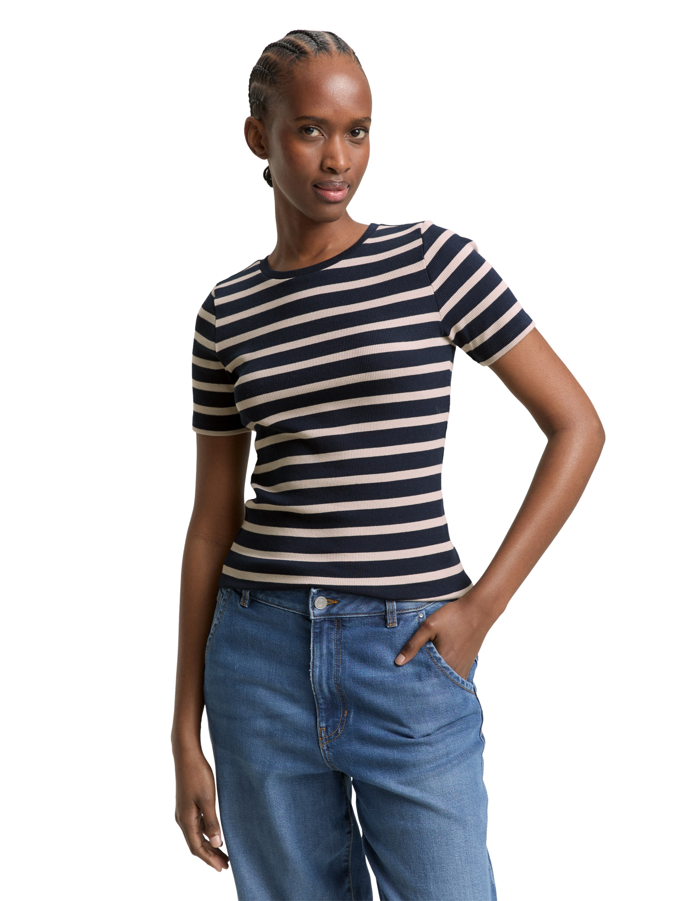 TOM TAILOR Denim Rundhalsshirt gestreift, Fein-Ripp-Optik günstig online kaufen