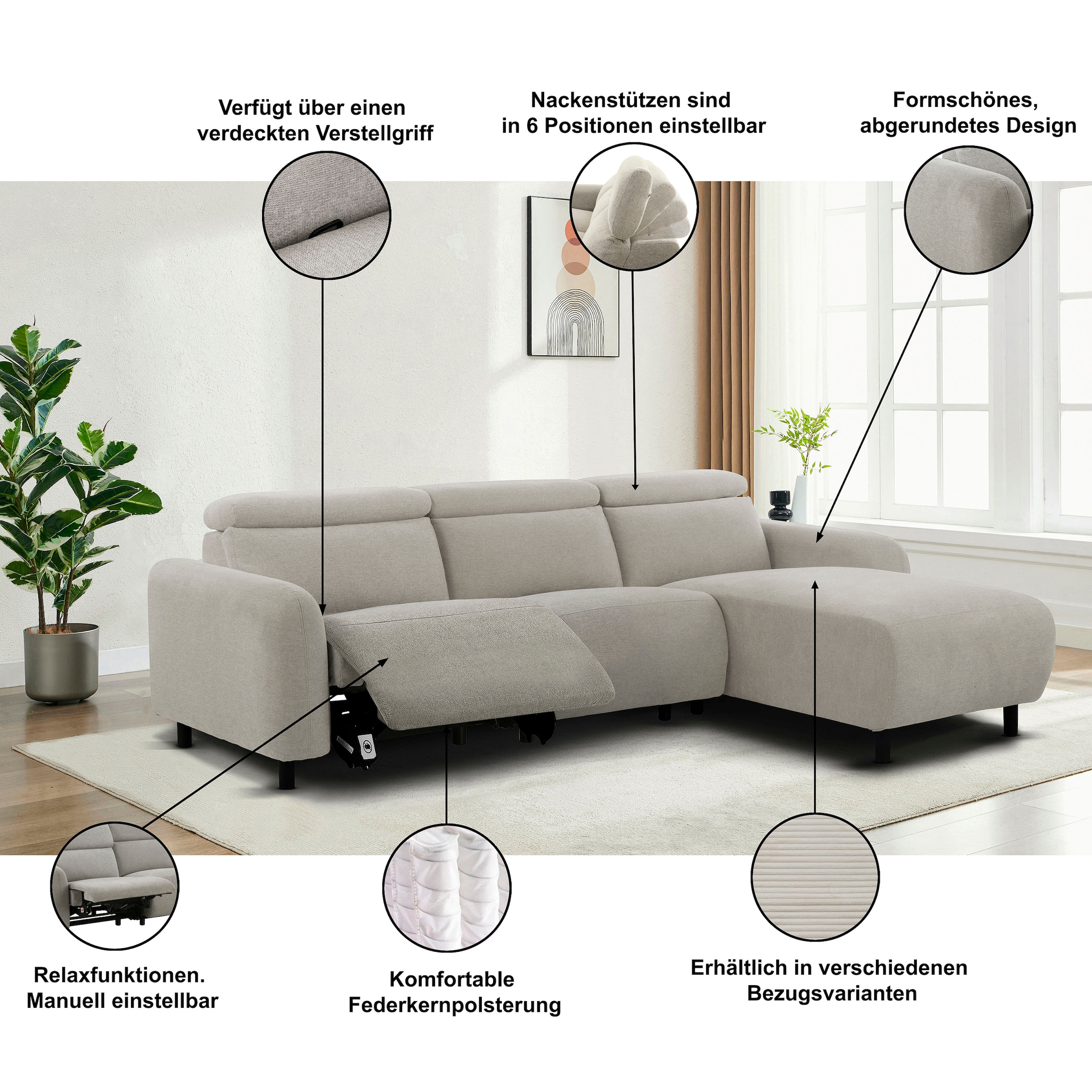OTTO home Ecksofa »SKAANE Struktur, L-Form, 274 cm, manuelle/elektrische Relaxfunktion,« 274 cm, mit Kopfteilverstellung und man. oder elektr. Relaxfunktion