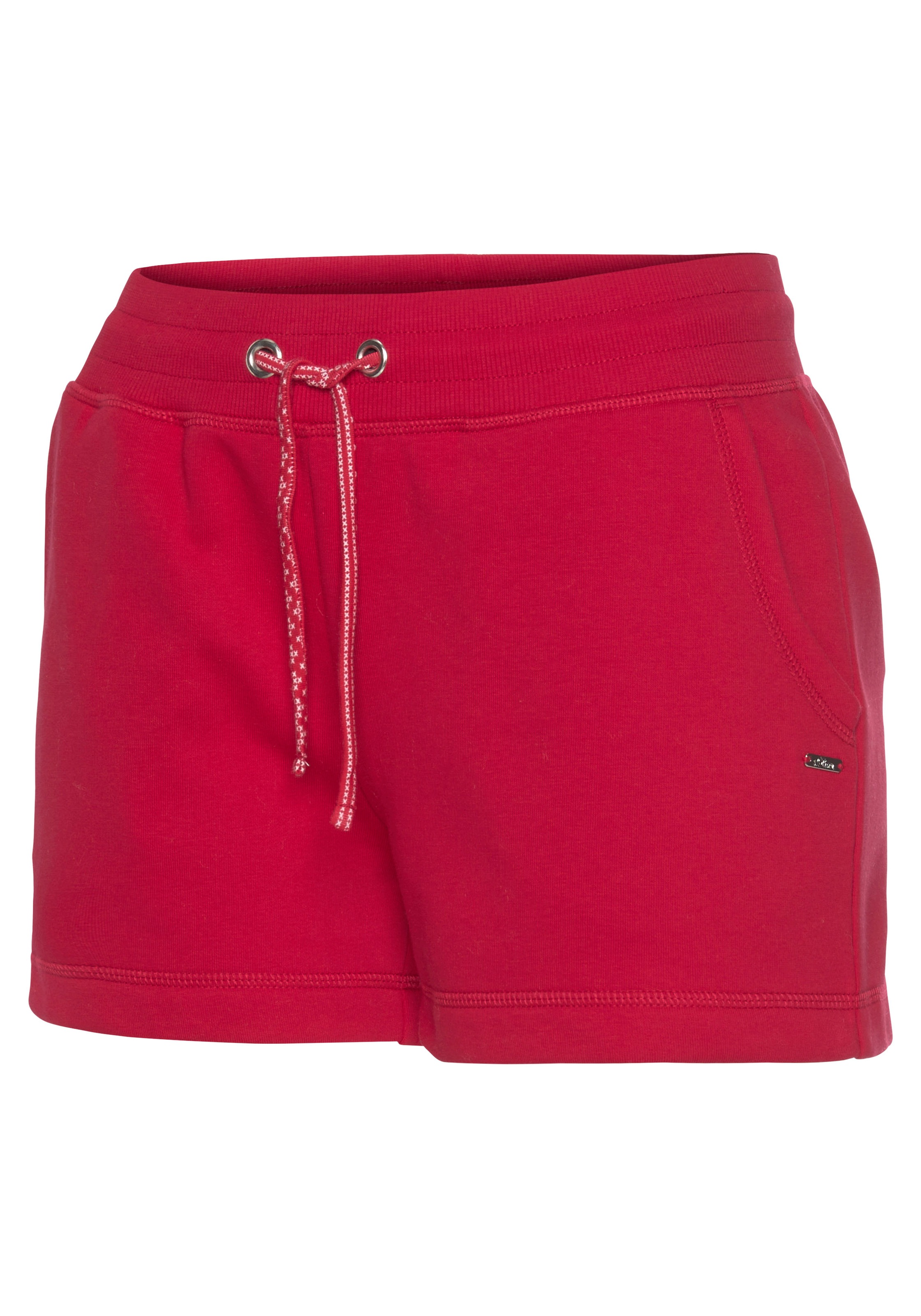 Relaxshorts S.OLIVER, Damen, Gr. 44/46, N-Gr, rot (cherryrot), Sweatware, Obermaterial: 65% Baumwolle, 35% Polyester, unifarben, figurumspielend kurz, Hosen, mit Norwegermuster Details, Loungeanzug 3