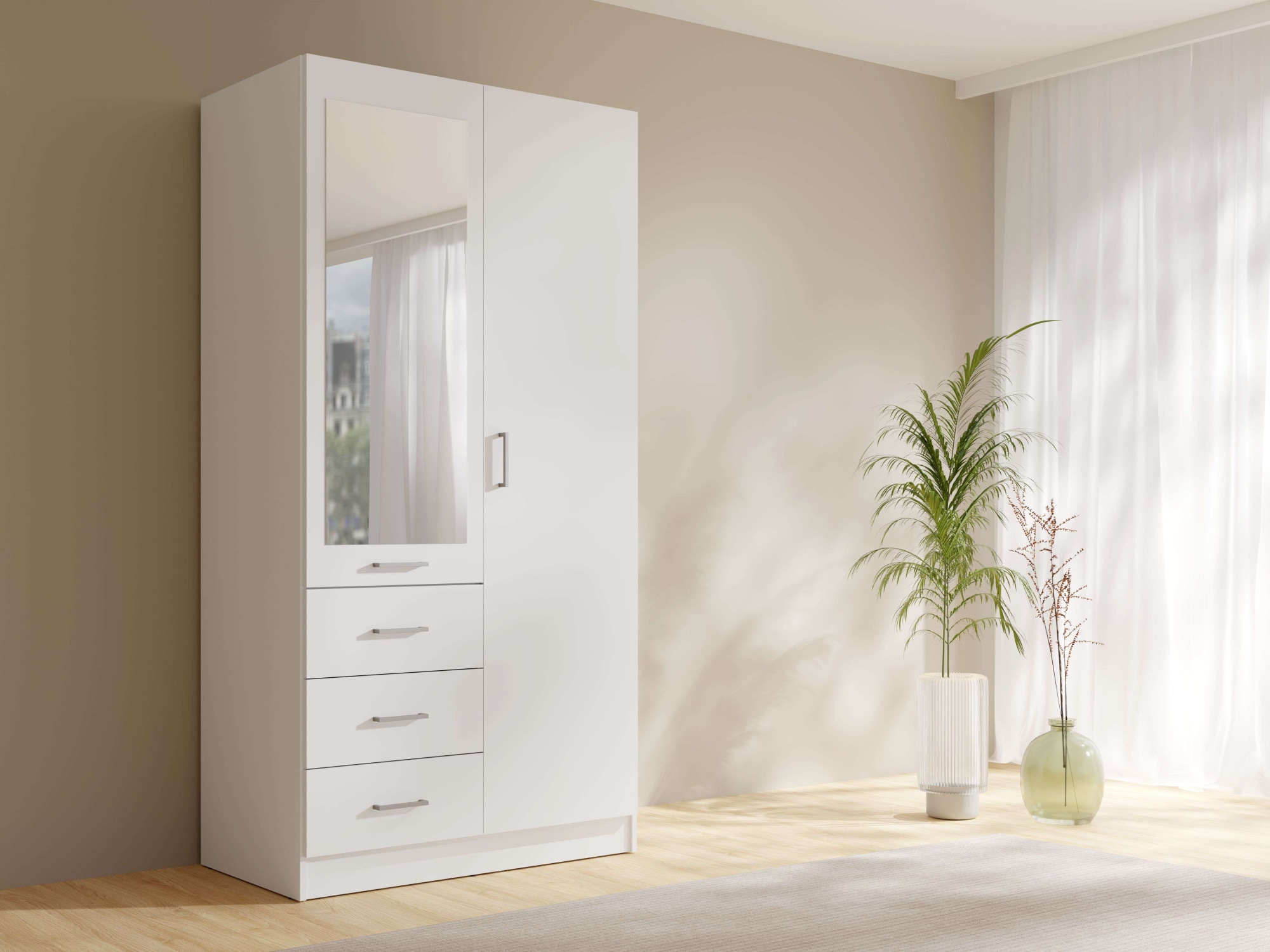 OTTO home Kleiderschrank "KOOS Garderobe mit 3 Schubladen, Kleiderstange und Spiegel" Wäscheschrank mit 2 Drehtüren, silber Griffen, Maße B/H/T 101/200/58cm