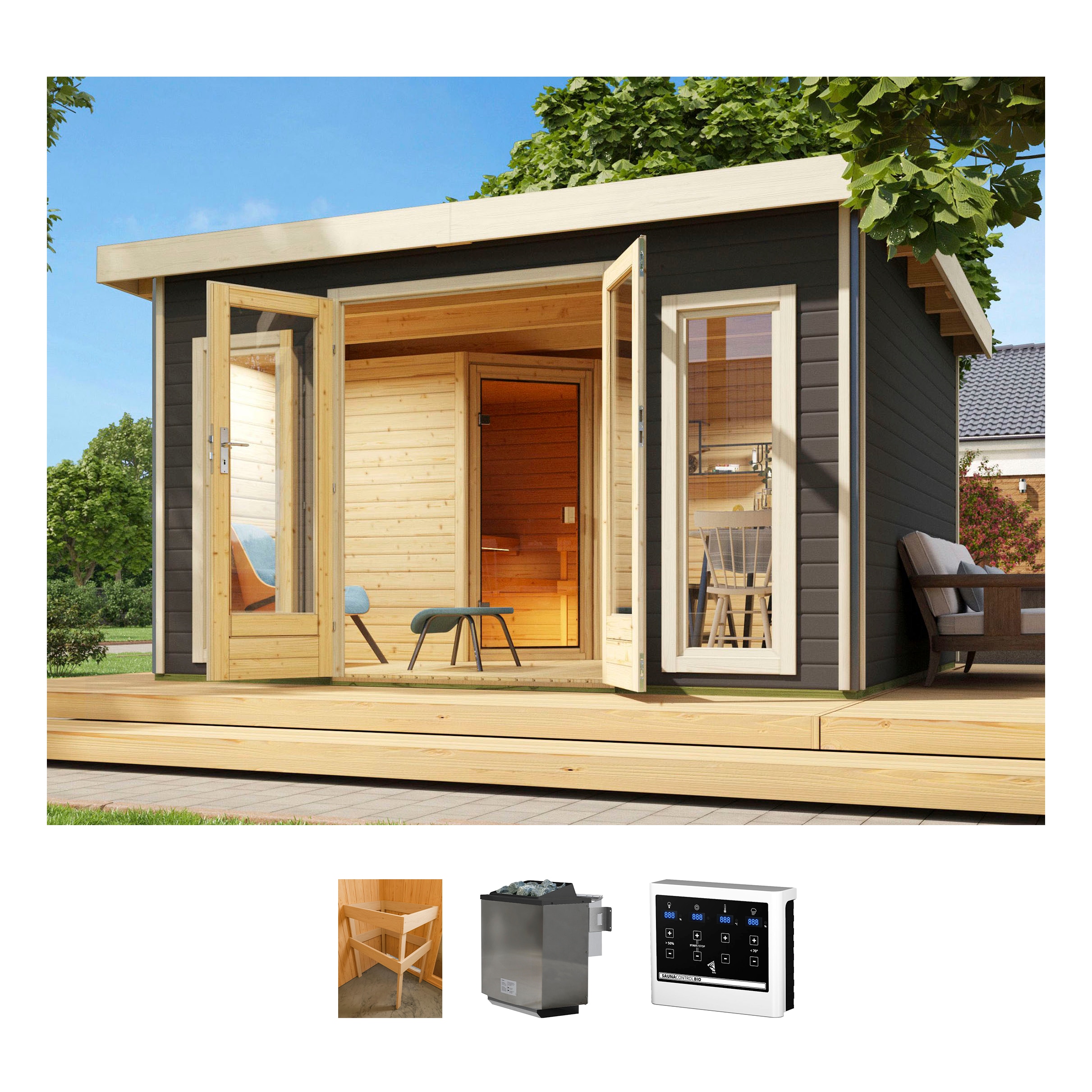 KONIFERA Saunahaus "Maiko 3 SET A", Bio-Ofen, externe Steuerung, 9 kW, grau, Garten, Saunen, Ofen 9 kW Bio externe Strg easy