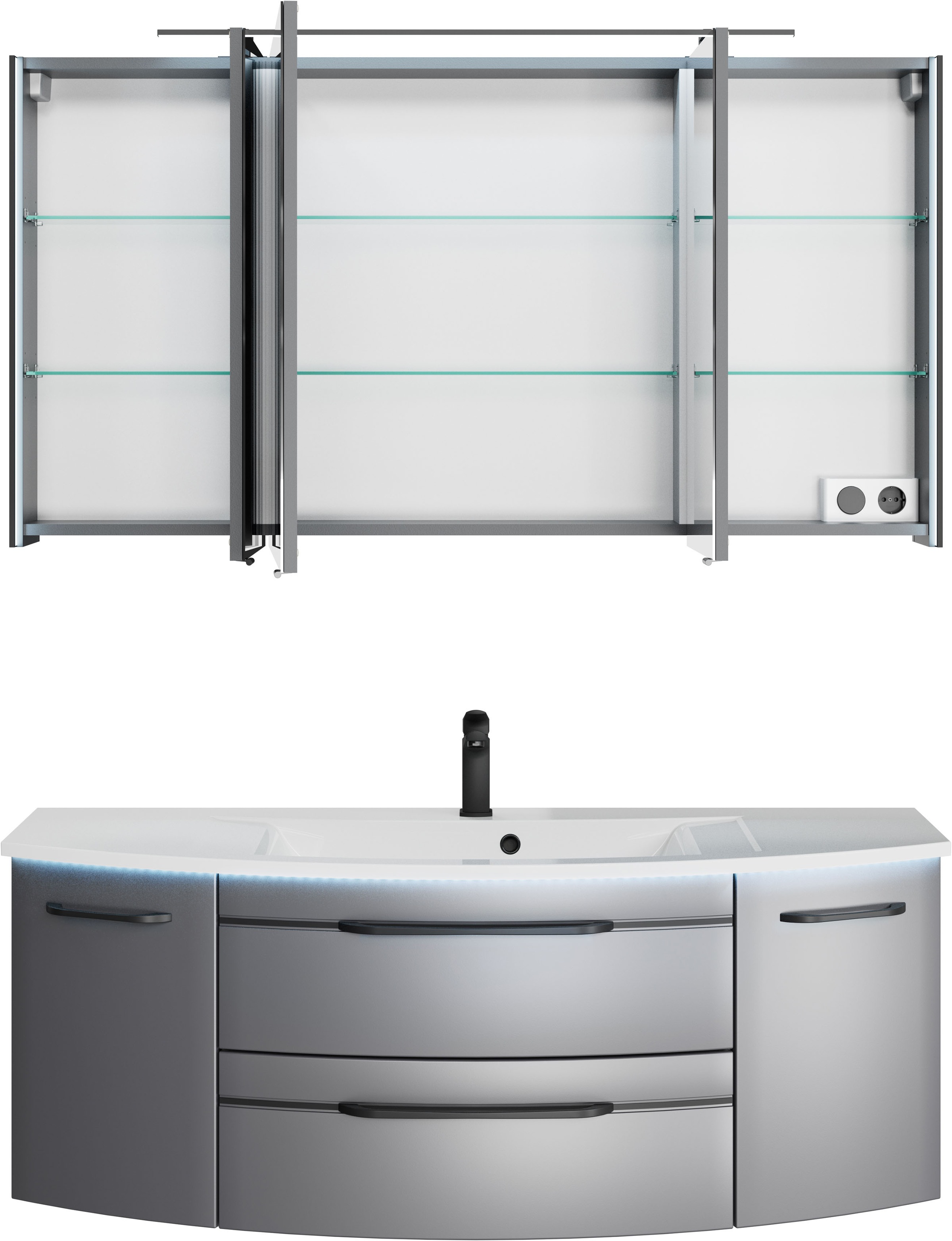 Saphir Badmöbel-Set »Serie 7045 2-teilig Mineralmarmor-Waschtisch mit LED-Spiegelschrank«, (Set, 2 St.), Badezimmer-Set 133,2 cm breit, inkl. Türdämpfer, 5 Türen, 2 Schubladen