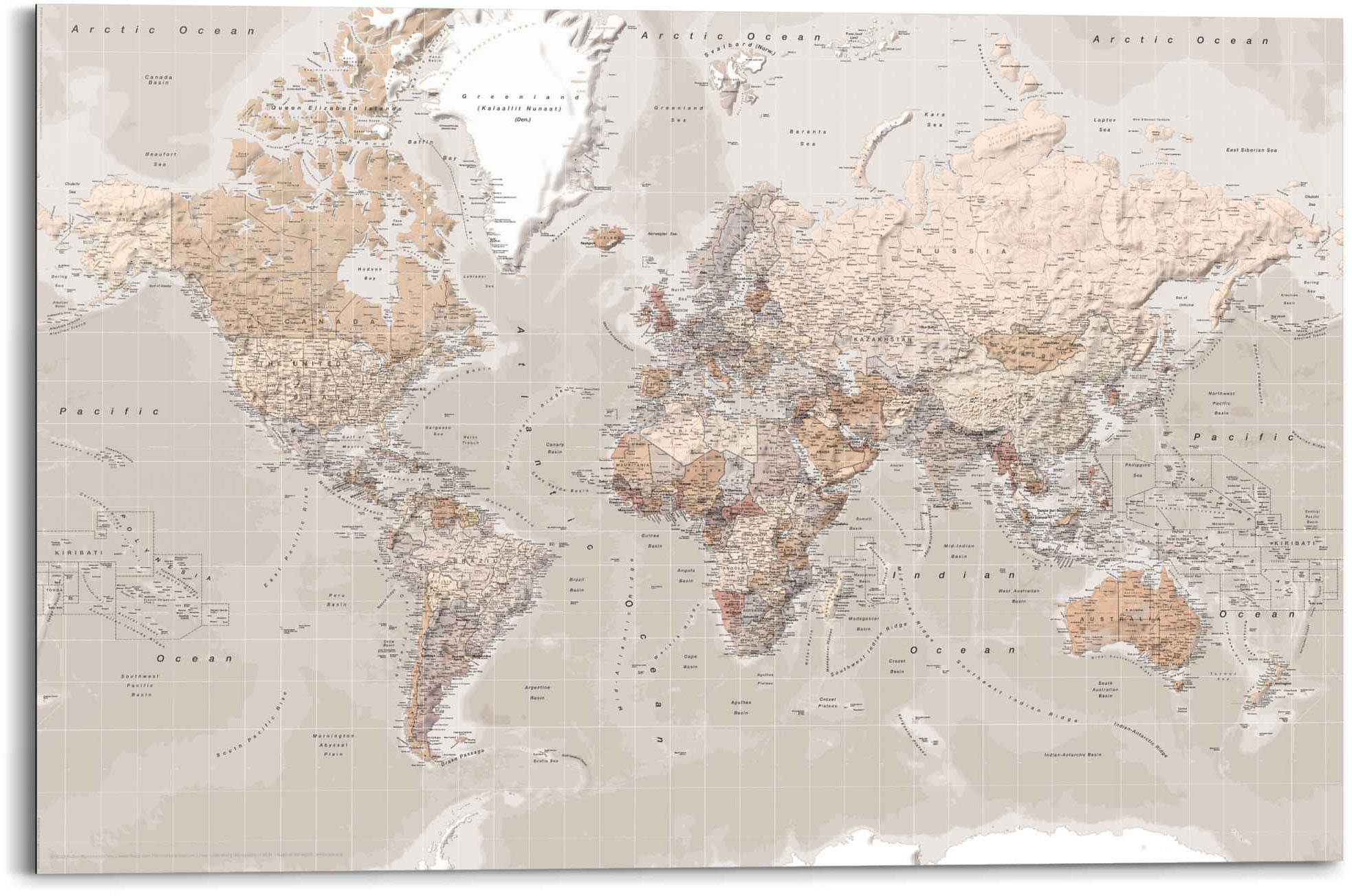 Reinders! Wandbild »Wandbild Weltkarte Natürlicher Farbton - Erdfarben - Detailliert«, Weltkarte, (1 St.)