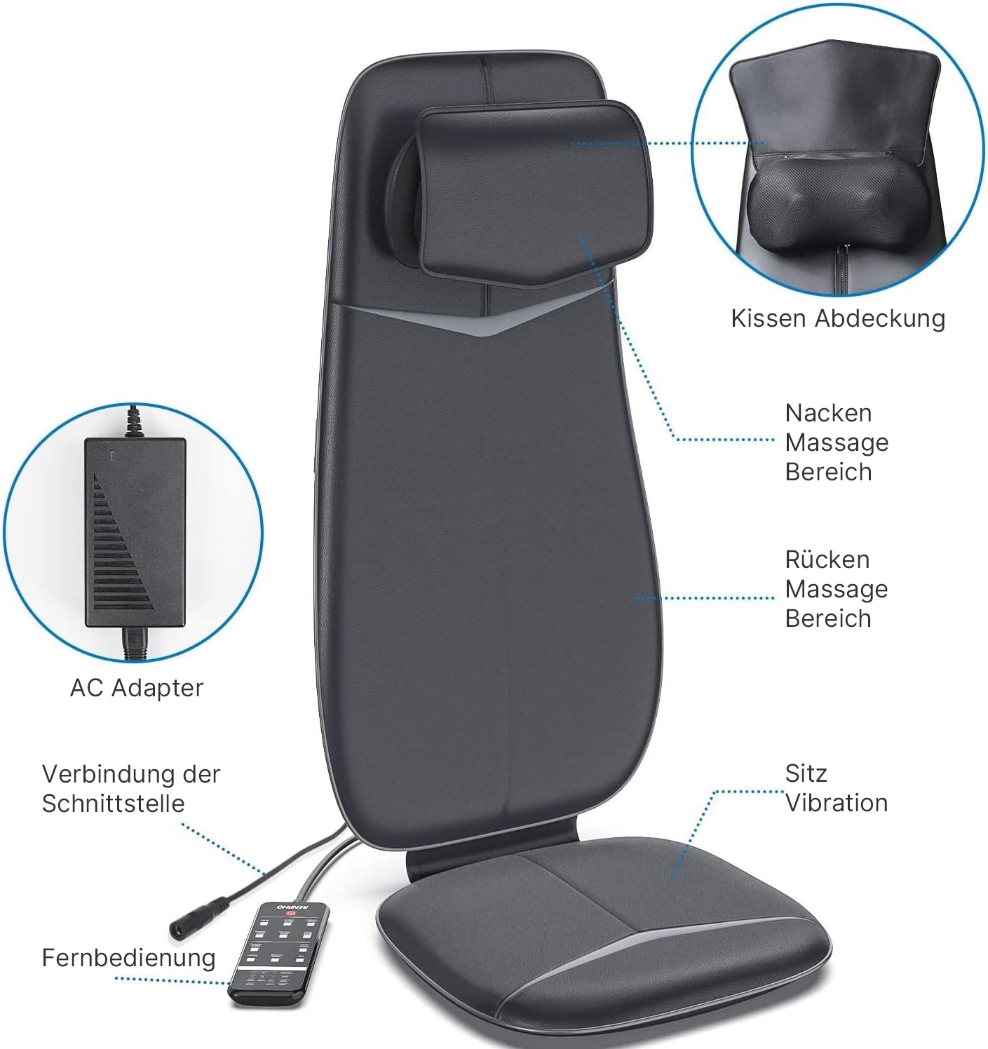 Thumbnail - Renpho Shiatsu-Massagesitzauflage "Neck & Back Massager Cushion S BM076" für Tiefenentspannung des Nackens & Rückens -- ...