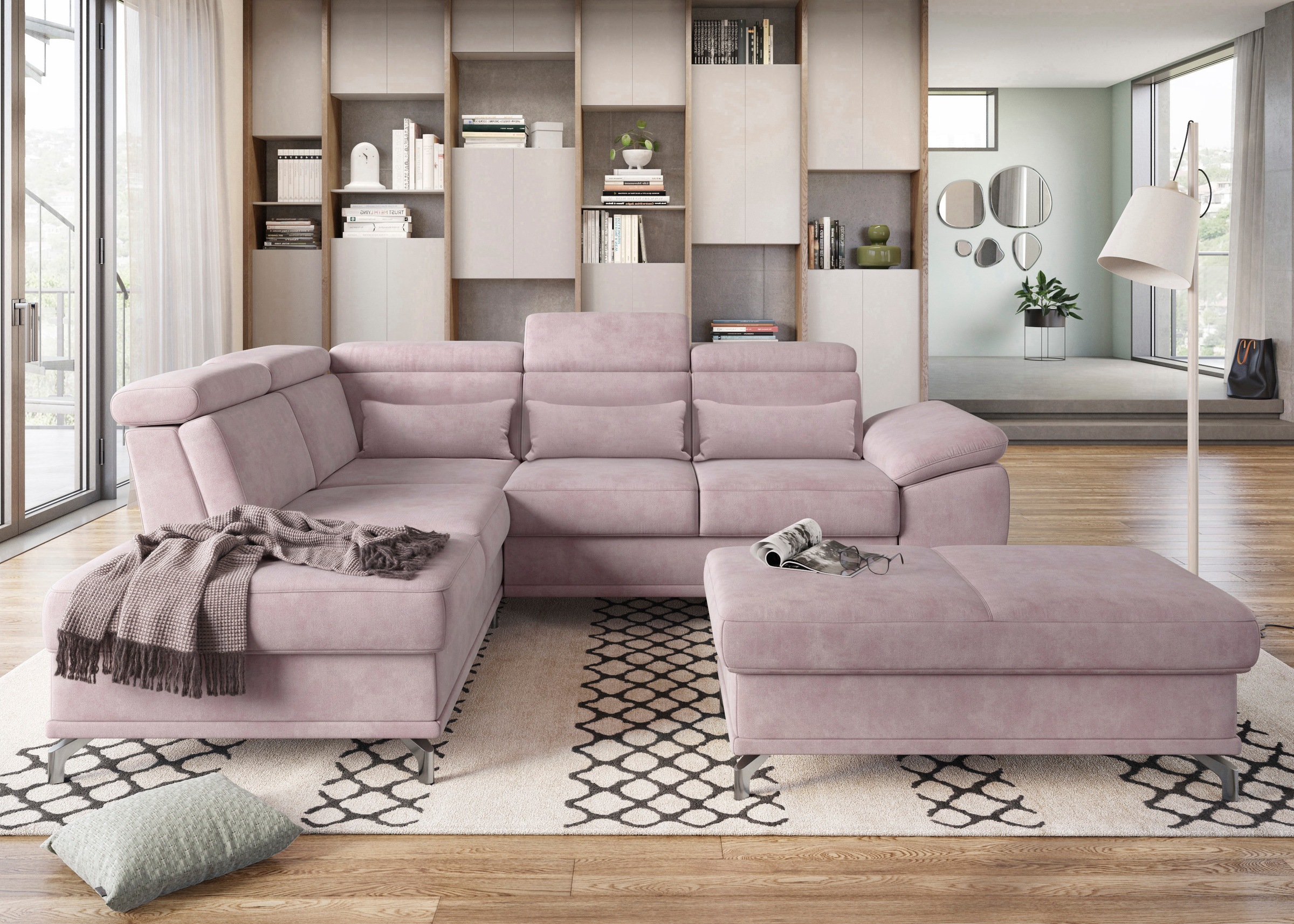 sit&more Ecksofa »Cabrio L-Form, mit Sitztiefenverstellung, Arm- und Kopfteilverstellung«, 3 Nierenkissen, Federkern, optional Bettfunktion und Stauraum