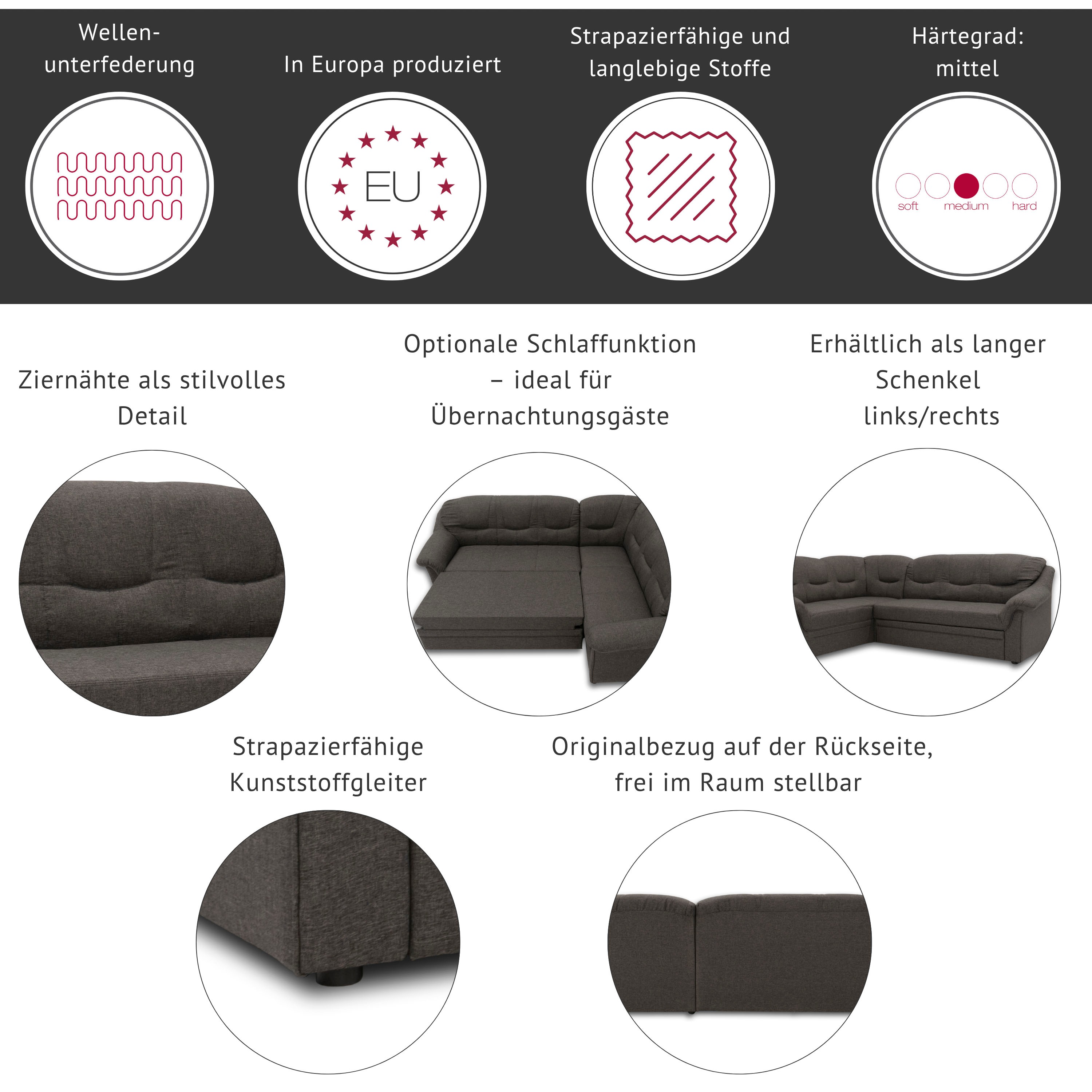 Thumbnail - DOMO collection Ecksofa "Montana, zeitlose Rückensteppung, bequeme Armlehnen, L-Form" wahlweise mit Bettfunktion