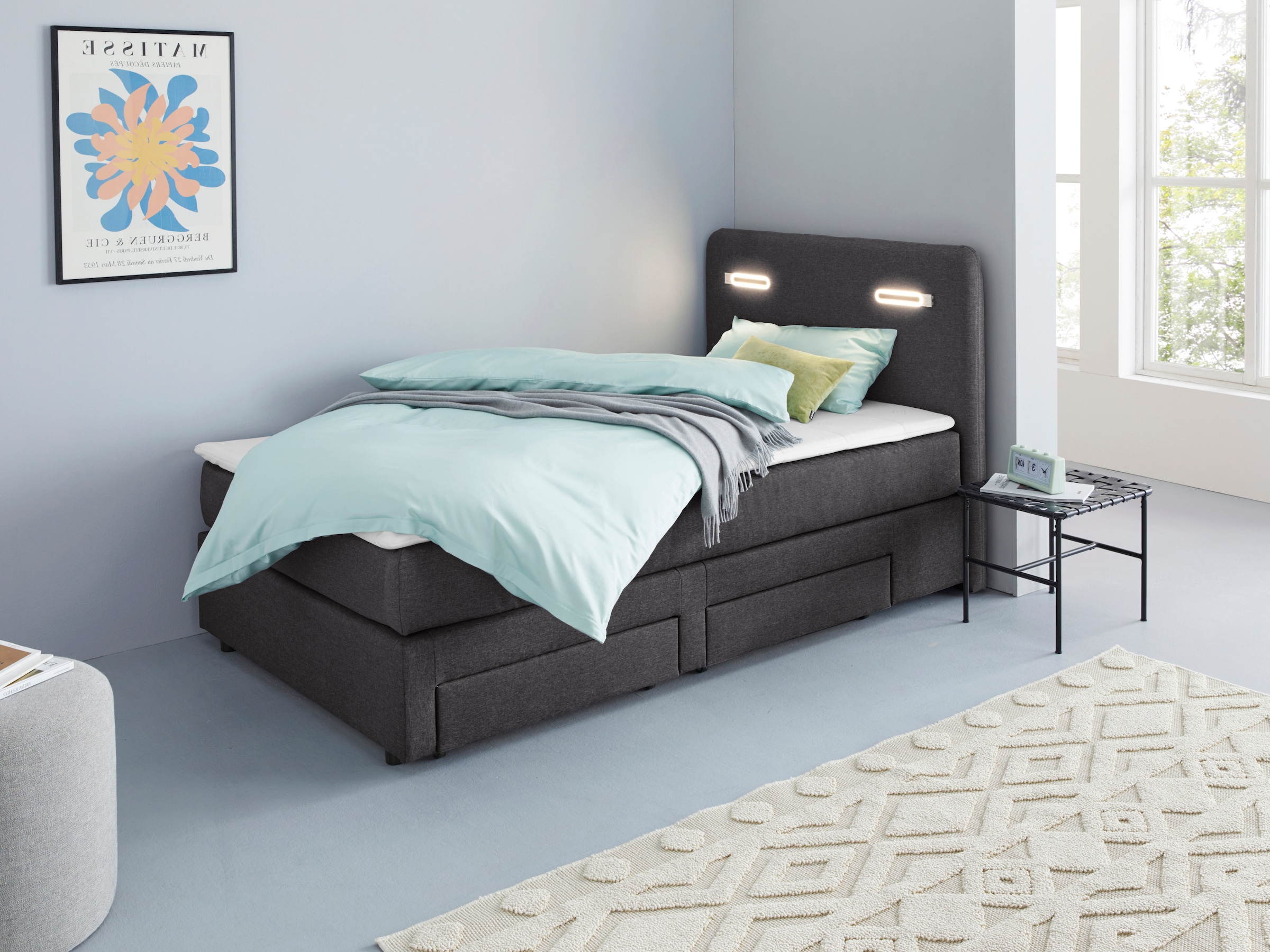 Boxbett HOME AFFAIRE "Luan", grau (anthrazit), B:127cm L:211cm, Komplettbetten, Boxspringbett, Schubkästen, LED-Beleuchtung und Topper, in Breite 120 cm und 180 cm 10