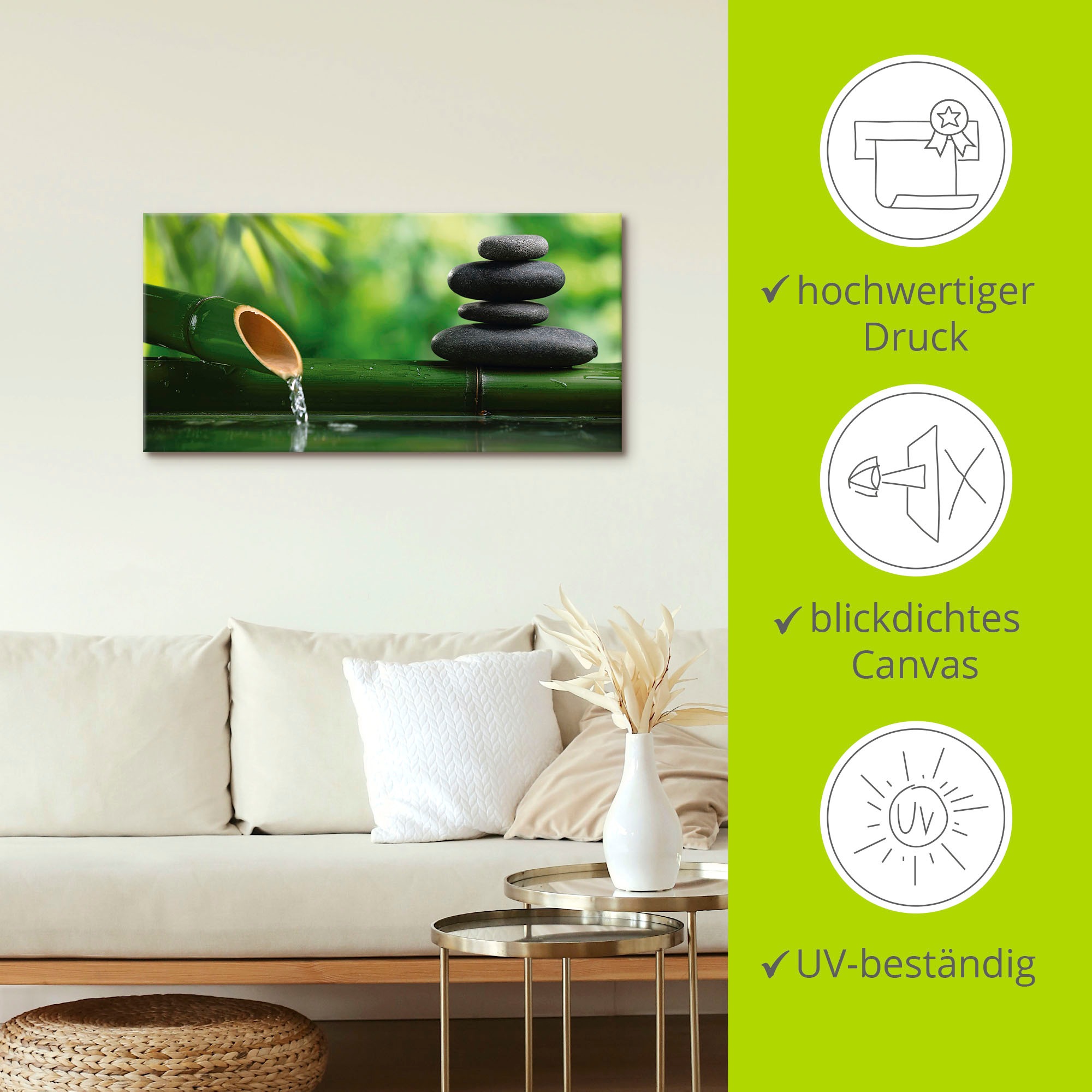 Artland Wandbild »Bambusbrunnen und Zen-Stein«, Zen, (1 St.), als Alubild, Outdoorbild, Leinwandbild, Poster, Wandaufkleber