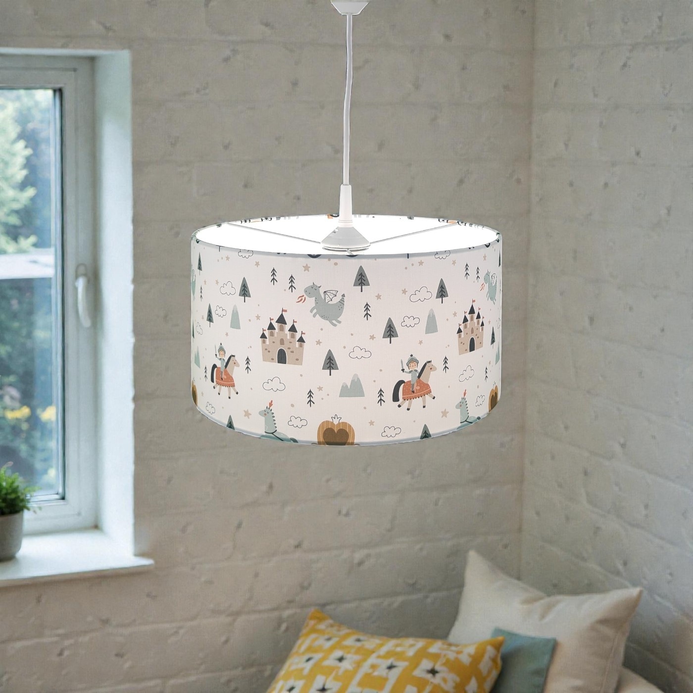 niermann Hängeleuchte »Stoff-Pendelleuchte mit Motiv "Ritter Theo", Kinderzimmer, Kinderlampe« E27 1 Stk. Stoffschirm, höhenverstellbare Pendelaufhängung, Made in Germany