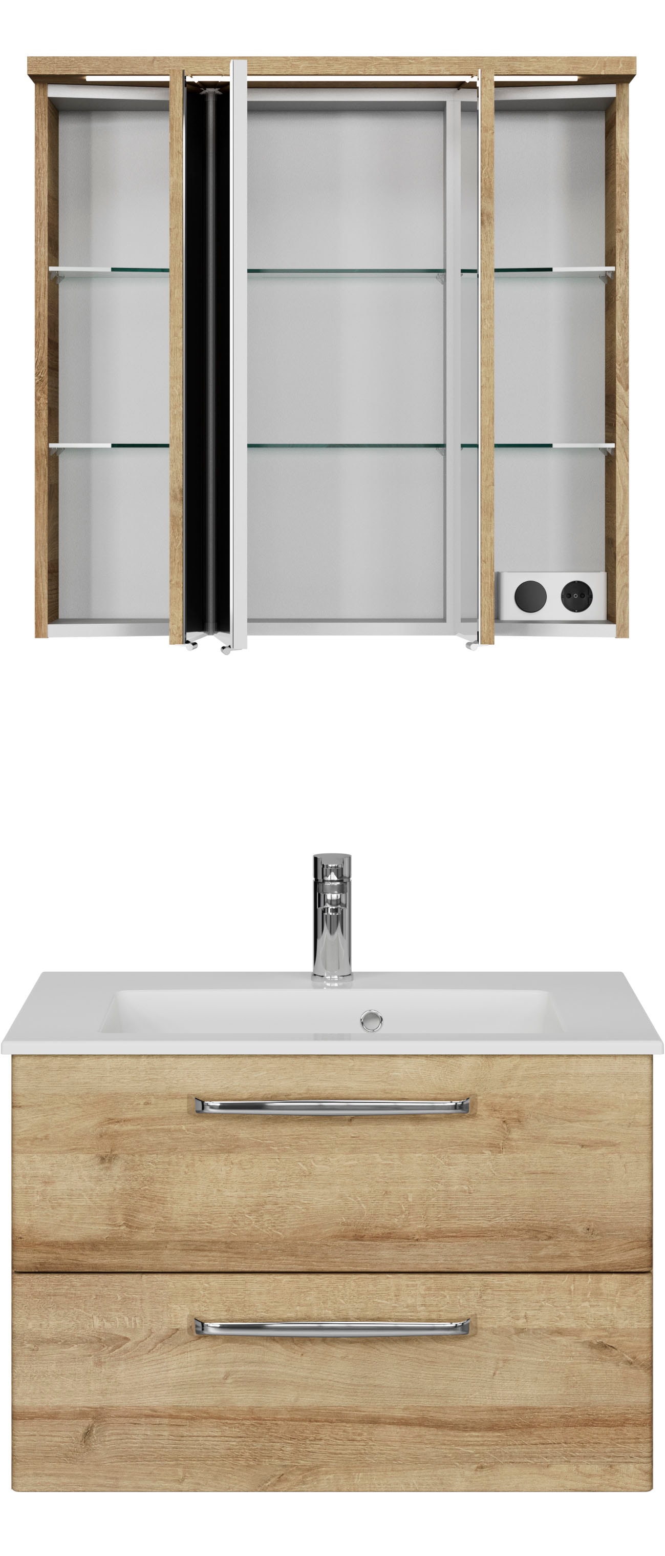 Saphir Badmöbel-Set »Trentino 2-teilig Mineralmarmor-Waschtisch mit LED-Spiegelschrank«, (3 St.), Badmöbel-Set 77cm breit, inkl. Türdämpfer, 3 Türen, 2 Auszügen